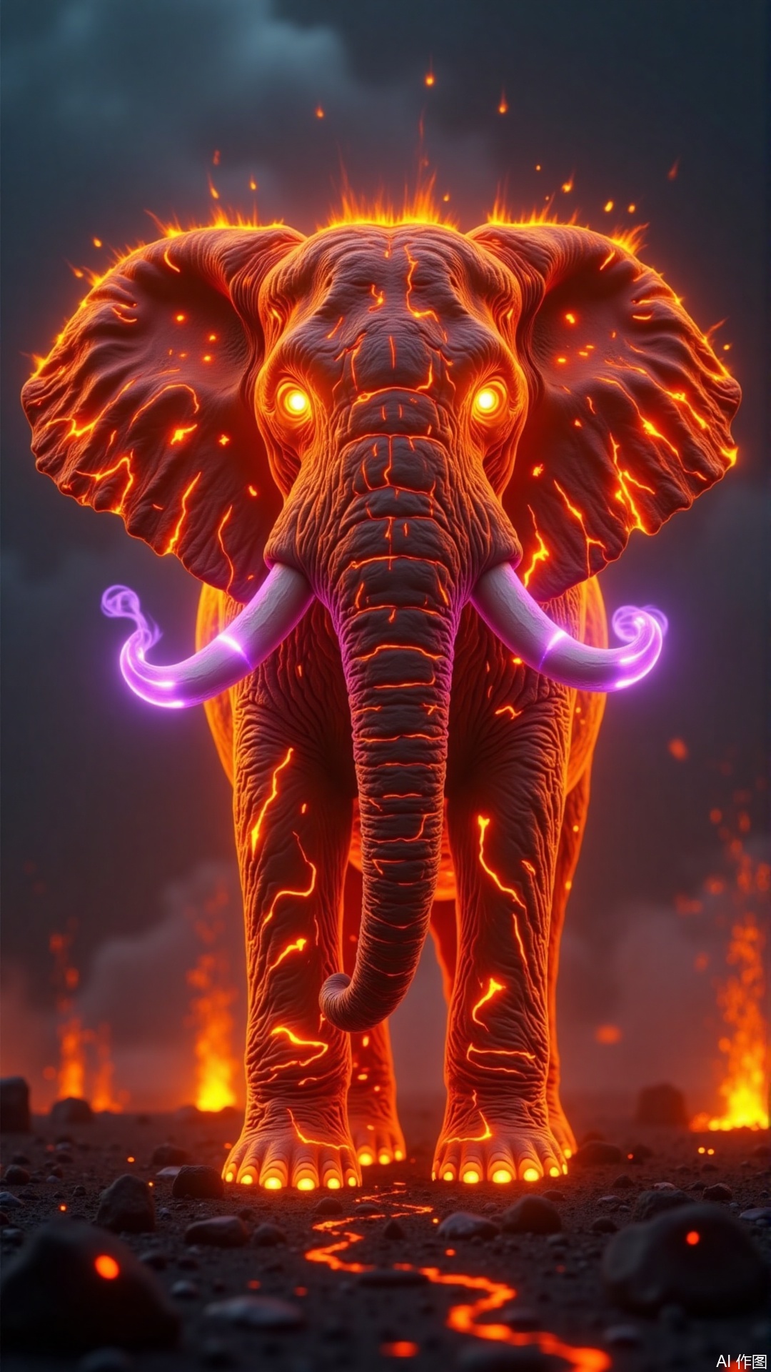 A colossal elephant composed of raging flames, molten lava cracks outlining its body, glowing amber eyes with violet smoke trails, dynamic magma sparks erupting from stomping posture, hyper-detailed volcanic skin texture, standing in a burning savanna with erupting volcanoes horizon, epic fantasy realism by Jesper Ejsing and Simon Stålenhag, cinematic lighting, 8K resolution with subsurface scattering effects, --ar 1:1 --v 6.0  

