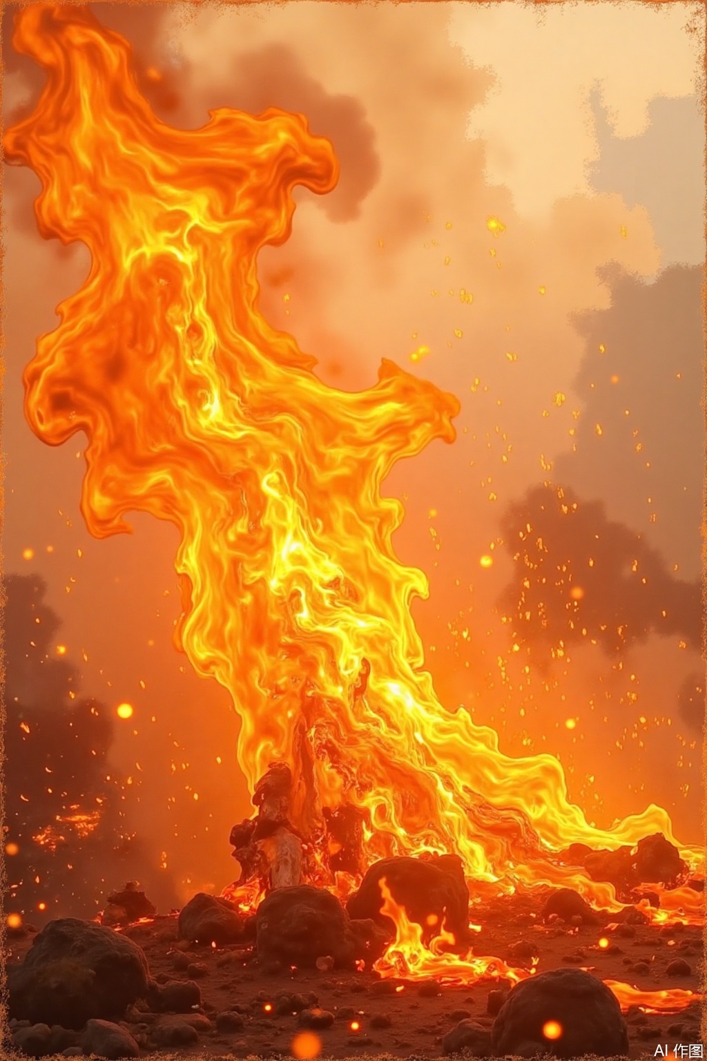 The flames under the Impressionist brushstrokes, the orange-yellow flames are presented on the canvas in loose brushstrokes and colorful colors, as if the sunlight is falling on the burning grassland, the light and shadow are unpredictable, the edges of the flames are blurred and dynamic, the background is a soft warm-toned sky, giving people a warm and poetic visual experience, and the texture of the retro oil paintings.