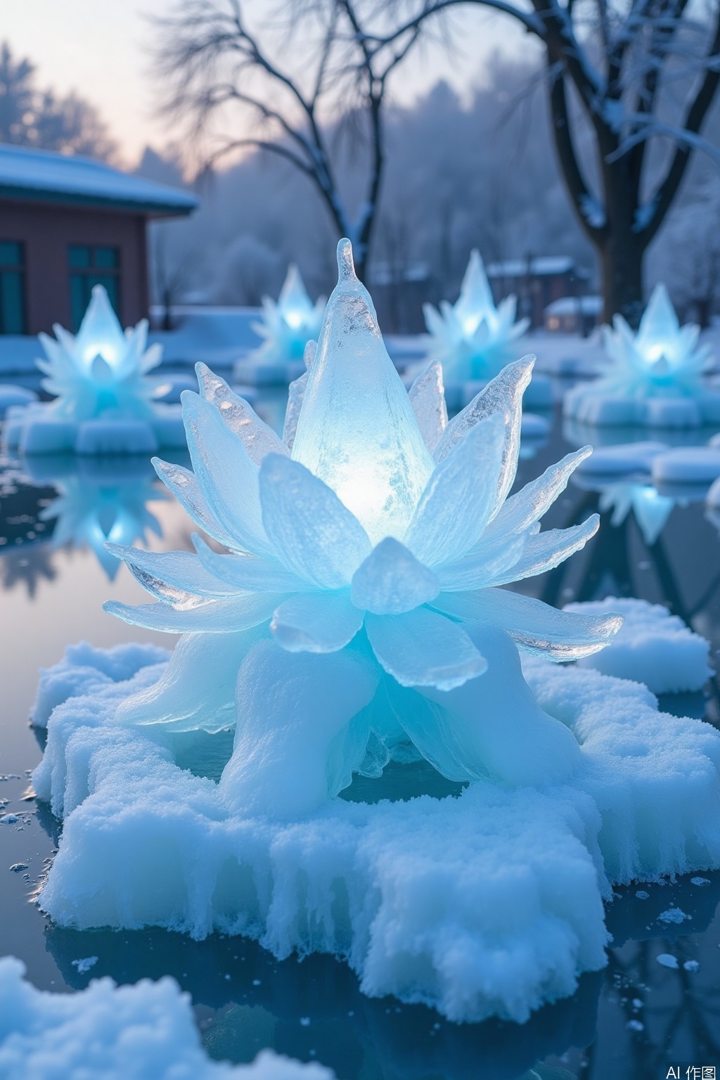 huimeng  ice,Made of ice –
 Frozen Lotus Pond: A pond filled with ice, featuring a collection of frozen lotus flowers and leaves.  The background is a serene garden, with a layer of frost and the first hints of a winter sunrise.