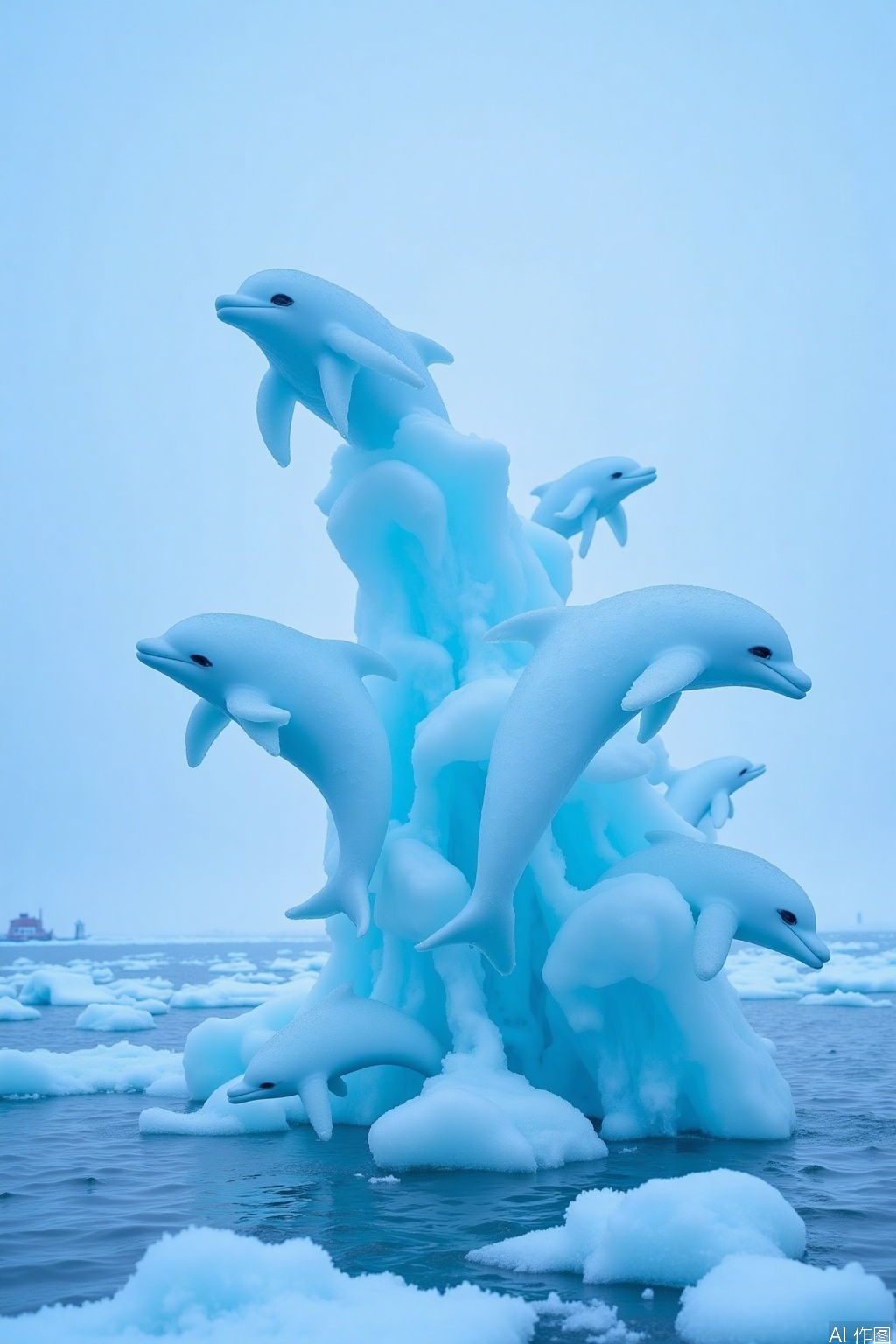 huimeng  ice,Made of ice –
 Ice Dolphin Pod: A pod of dolphins, each a work of ice art, leaping through the waves in a frozen ocean.   The background is a wintry sea, with ice floes and a distant lighthouse.