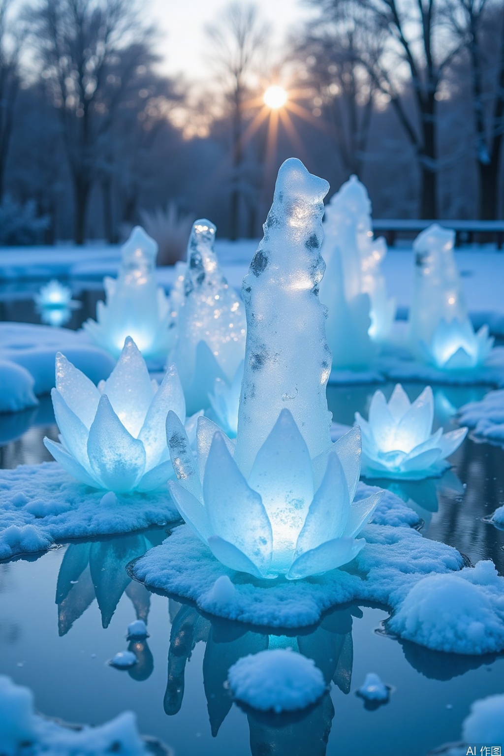 huimeng  ice,Made of ice –
 Frozen Lotus Pond: A pond filled with ice, featuring a collection of frozen lotus flowers and leaves.  The background is a serene garden, with a layer of frost and the first hints of a winter sunrise.