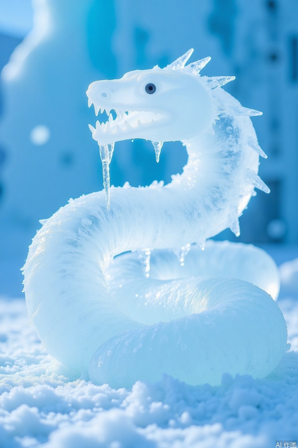 ice carving,ice carving,A white snake,snowice,Ice sculpture architecture,crystal clear,blue sky with snowflakes,white mist shrouded image,surreal,high-definition photography,16k,high-definition picture quality,