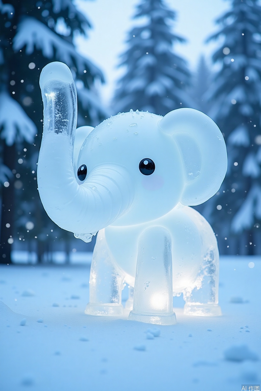 huimeng  ice,Made of ice –
 Ice Elephant in a Snowy Forest: An ice elephant, its trunk raised high, standing amidst a forest of snow-covered trees.   The background is a winter wonderland, with snowflakes falling gently.