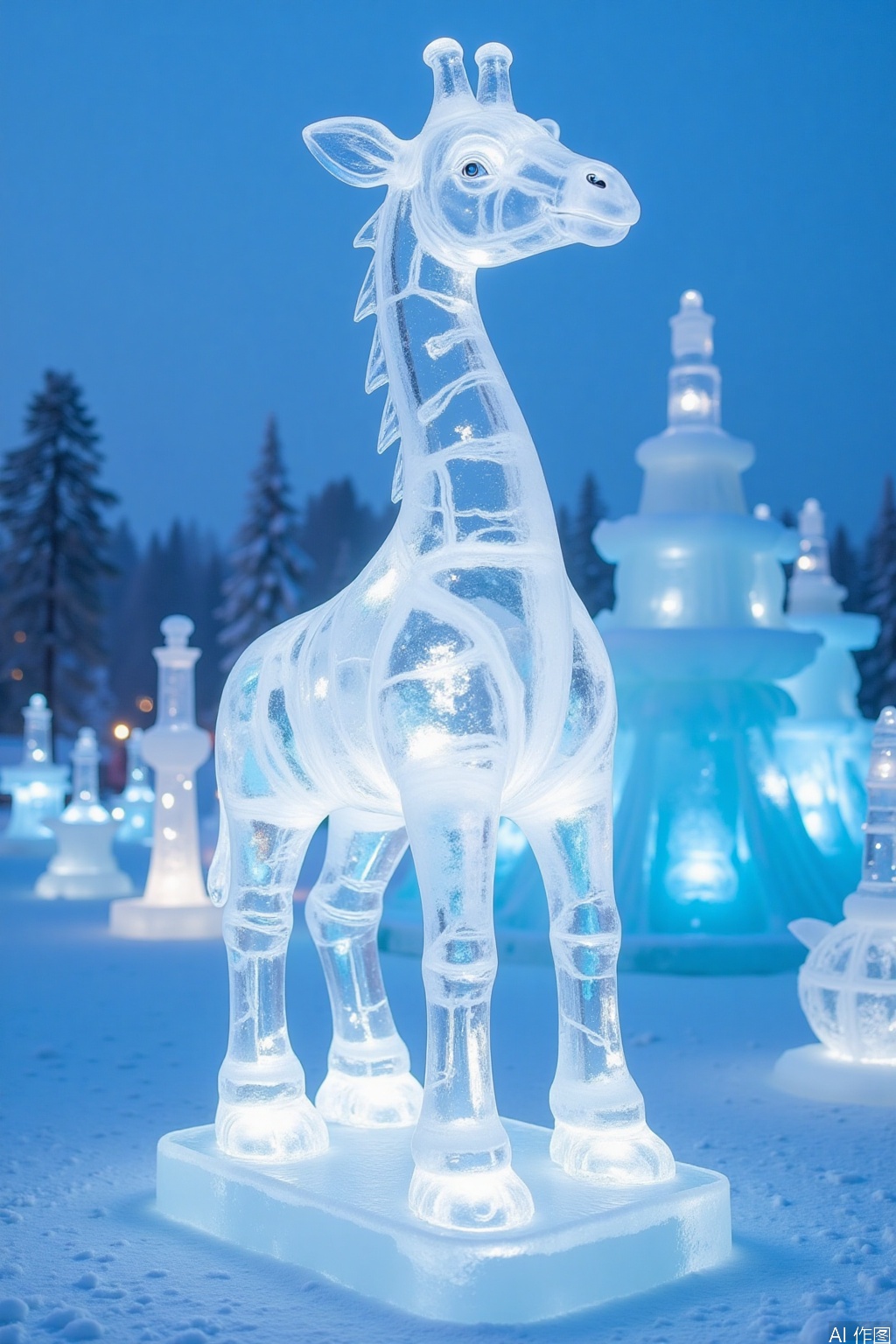 huimeng  ice,Made of ice –
 Ice Giraffe in a Crystal Garden: A graceful ice giraffe, its long neck stretching towards the sky, standing in a garden of ice sculptures.   The background is a winter garden, with ice flowers and crystal-clear pathways.