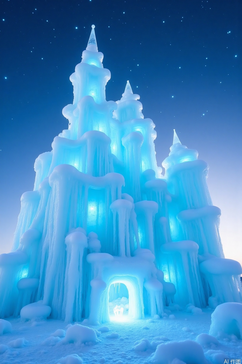 huimeng  ice,Made of ice –
 Ice Castle Fortress: A majestic ice castle, its towers and battlements crafted from ice, standing strong against a backdrop of a snowy landscape and a clear, star-filled sky.