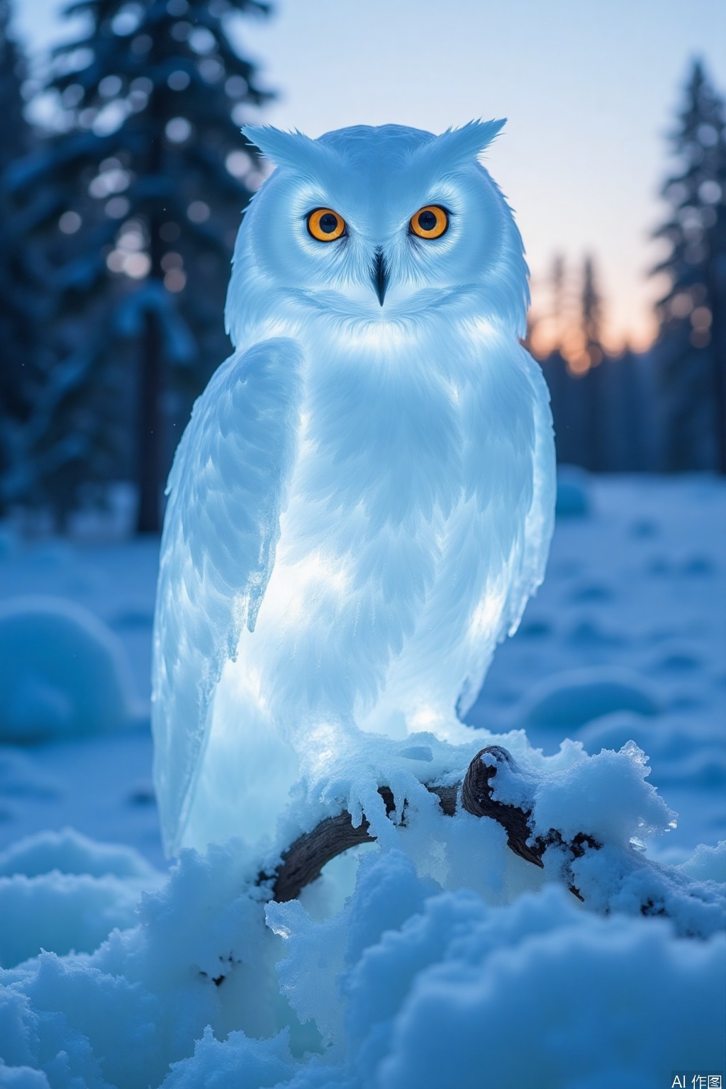 huimeng  ice,Made of ice –
 Ice Owl Perched on a Snowy Branch: An owl, crafted from ice, perched on a branch laden with snow.   The background is a winter forest, with the first light of dawn illuminating the scene.
