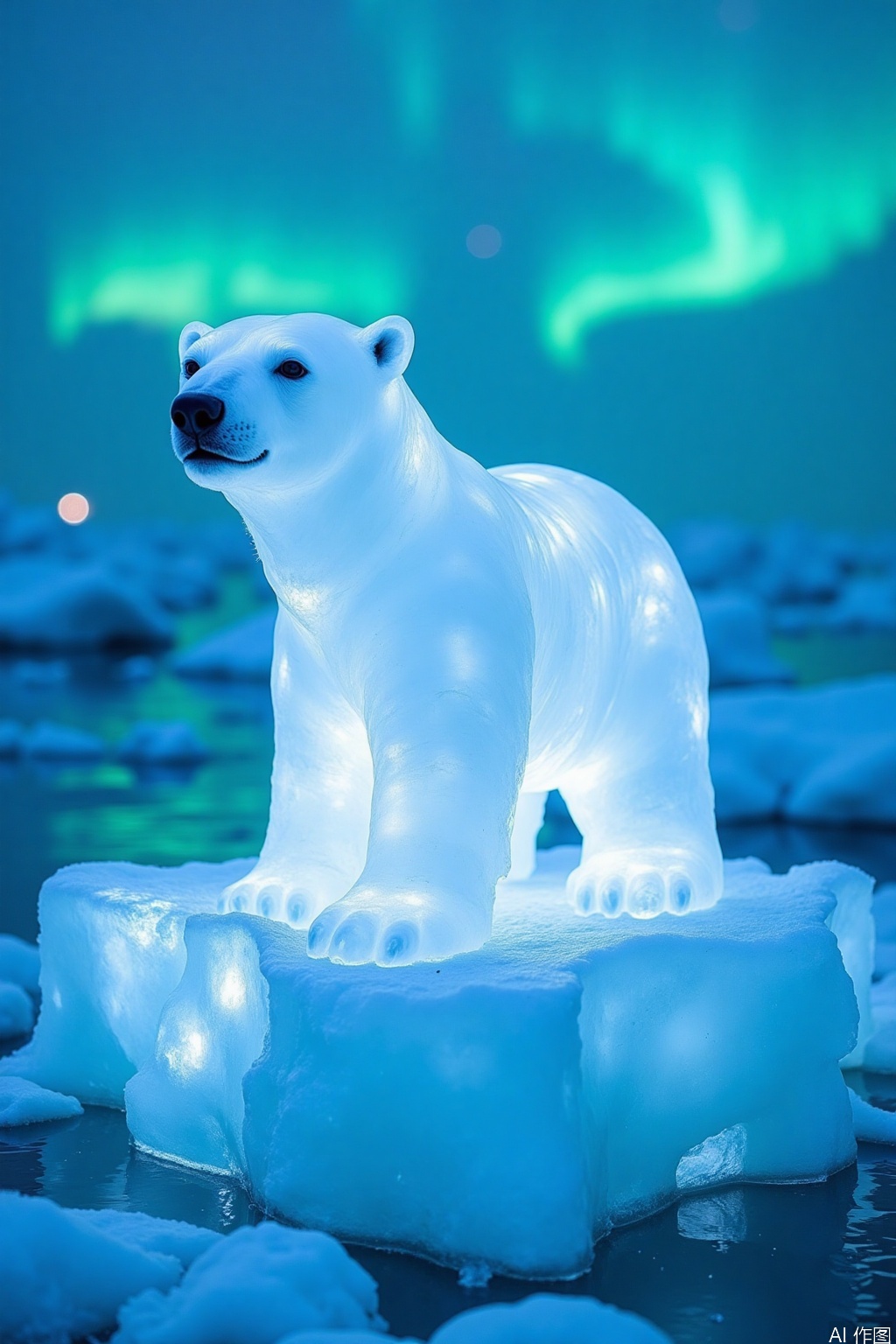 huimeng  ice,Made of ice –
 Polar Bear on an Ice Floe: A majestic polar bear carved from ice, standing on a floating ice floe.   The background is the Arctic Ocean, with icebergs and the Northern Lights casting a mystical glow.
