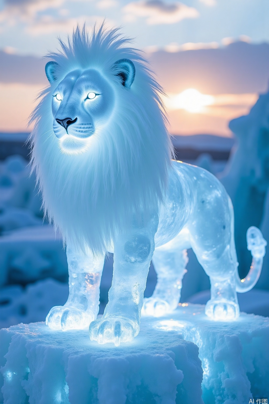 huimeng  ice,Made of ice –
 Lion Guarding the Ice Savannah: A regal ice lion, standing guard over an icy savannah.   The scene is set against a backdrop of ice formations mimicking the African savannah, with a cold, crisp sunset.
