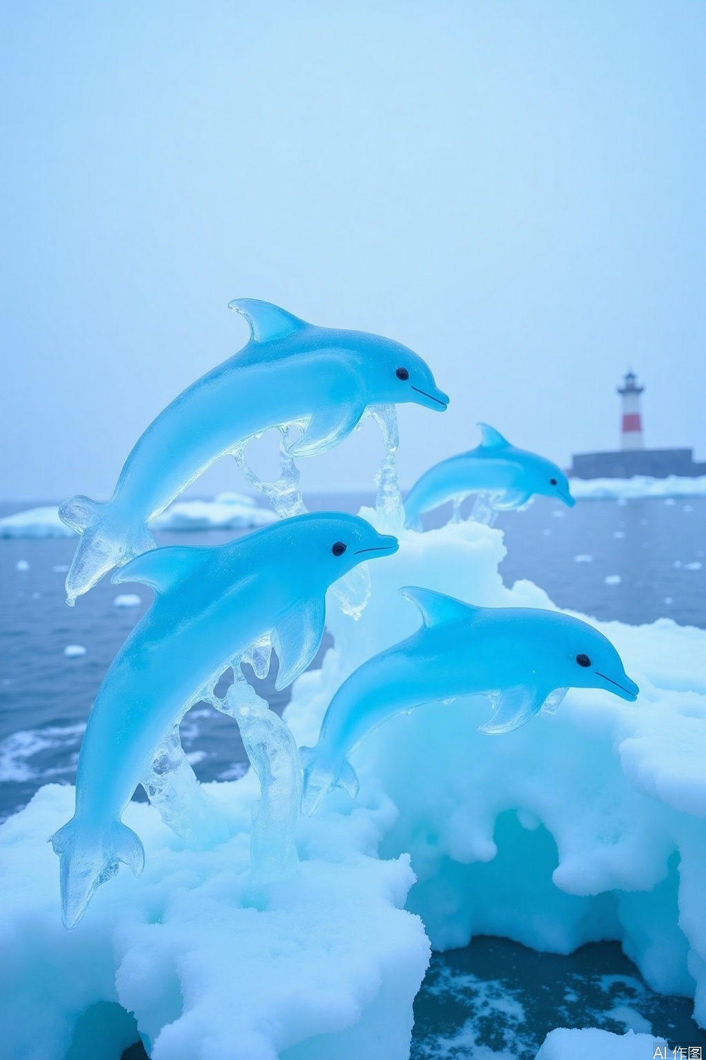 huimeng  ice,Made of ice –
 Ice Dolphin Pod: A pod of dolphins, each a work of ice art, leaping through the waves in a frozen ocean.   The background is a wintry sea, with ice floes and a distant lighthouse.