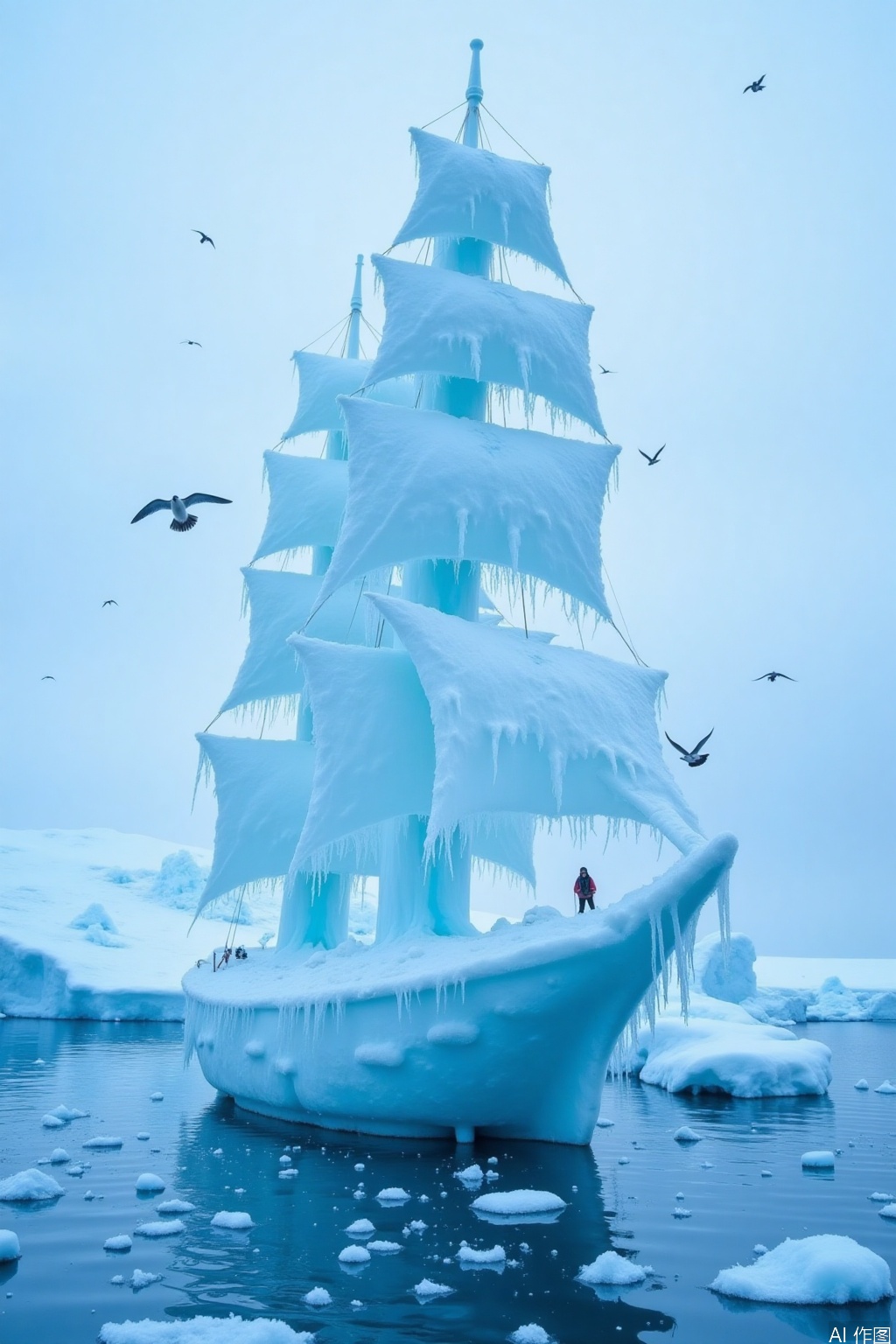 huimeng  ice,Made of ice –
 Ice Sailing Ship: A sailing ship, its hull and sails crafted from ice, frozen in a sea of ice.  The background is an icy ocean, with icebergs and a sky filled with migrating birds.