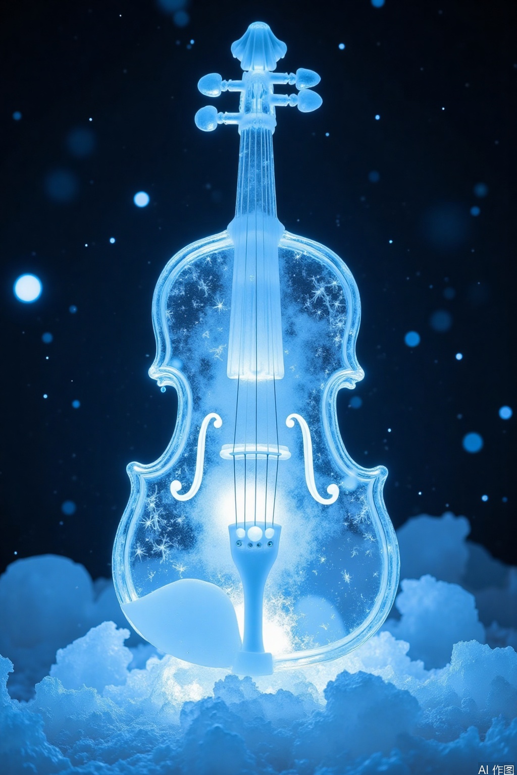 Ice material,Ice material,(Delicate depiction, soft light and shadow, 6K resolution),a violin made of ice,with a crystal clear body like a huge sapphire. The curvature of the piano body is graceful and smooth,shimmering with a cold light under the illumination of the light. The strings are made of extremely fine ice fibers,with a faint silver white color,tightly attached to the body of the instrument. The head of the qin is carved with exquisite patterns,resembling blooming ice flowers. The bow is also made of ice,and the hair on the bow shimmers with a faint light,as if gently pulled,it can play an ethereal and melodious melody. When light passes through the body of the violin,the subtle ice patterns inside are clearly visible,like natural artistic textures,adding a unique charm to this ice violin.,