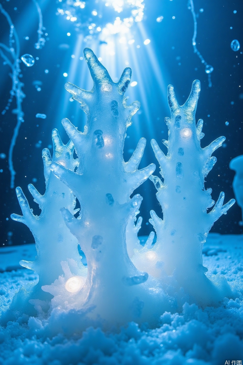 huimeng  ice,Made of ice –
 Ice Coral Reef: An underwater scene of ice coral, with ice fish and other marine life frozen in time.  The background is a frozen ocean floor, with ice bubbles and a shaft of light from the surface.