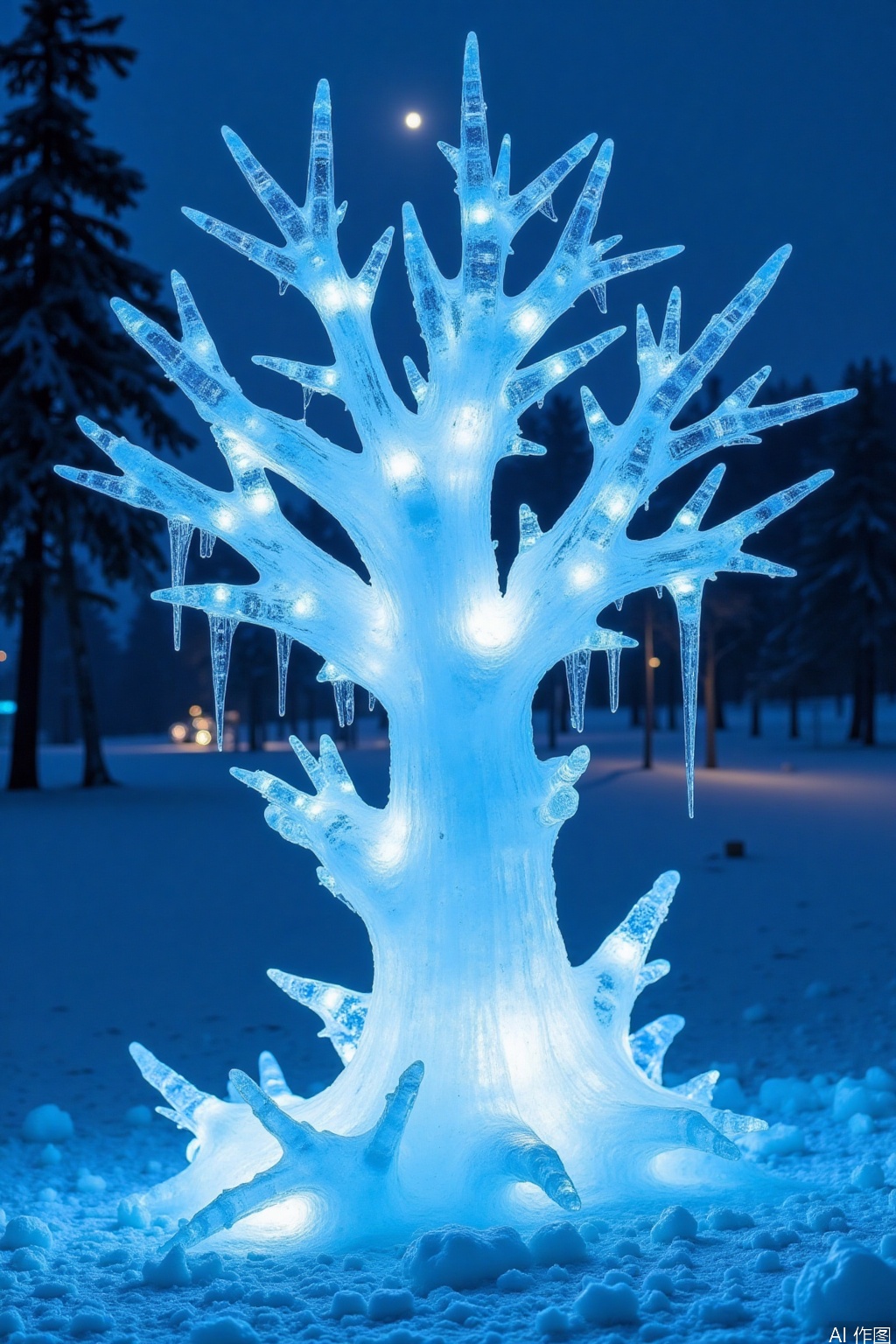 huimeng  ice,Made of ice –
 Ice Crystal Tree: A tree sculpted from ice, its branches adorned with intricate ice crystal formations.  The backdrop is a winter forest, with a dusting of snow and the moonlight reflecting off the ice.