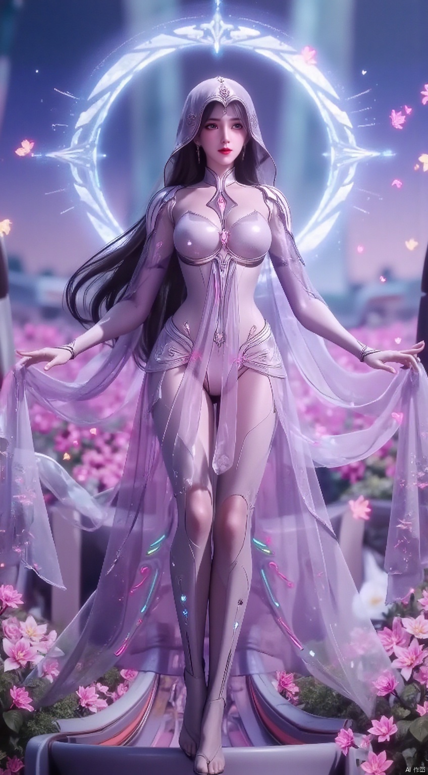 In a boundless, enchanted flower field that seems to extend to the far reaches of the universe, every flower radiates a distinct, iridescent hue and exudes a soft, magical glow. Amongst this fantastical spectacle, a resplendent Chinese beauty commands attention. Her long, jet - black hair tumbles down her back like a flowing river, with several wisps playfully framing her delicate visage.
She is adorned in a floor - length crystal dress that is nothing short of a work of art. The dress is completely covered in thousands upon thousands of tiny, multi - colored crystals. These crystals not only catch and refract the light from the floating, luminous orbs dotting the sky above the flower field but also seem to have a life of their own, pulsating with a vibrant, ever - changing glow. The crystals are arranged in a pattern that mimics the constellations in the night sky, and as she moves, they create a breathtaking display of twinkling lights, as if the stars themselves have descended to adorn her.
Fairy - like creatures with iridescent wings flit among the flowers, their laughter tinkling like tiny bells. As a gentle, magical breeze sweeps through the flower field, carrying the sweet, intoxicating fragrance of the blossoms, she commences to dance. Her body sways gracefully from side to side, her arms moving in fluid, sweeping motions, as if she is conducting an orchestra of nature. She spins around, her long skirt flaring out, and the crystals on the dress create a mesmerizing halo of multi - colored light around her. With one hand, she reaches out to touch the flowers as she twirls, and the flowers seem to respond, their petals moving in time with her dance. Tiny, glowing insects emerge from the blossoms, fluttering around her, adding to the magical ambiance. Her eyes, as bright as the stars in the sky, are filled with joy and a sense of wonder at the beauty of this magical world.