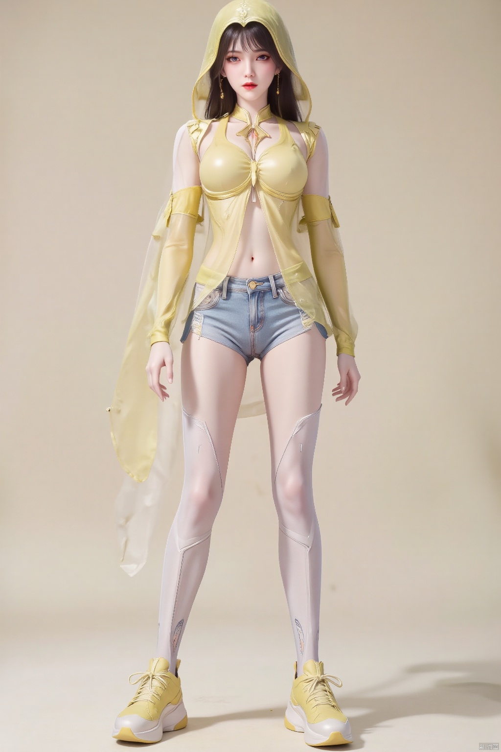 In an ultra-high-definition 8K resolution, a 25-year-old woman is dressed in vibrant and stylish attire. She wears bright yellow platform sneakers that add a playful touch to her look. Her top is a light yellow sleeveless shirt, which complements her youthful energy. She pairs it with white stockings that accentuate her legs, and light yellow arm sleeves that provide a subtle contrast. Her blue denim shorts are short, revealing her midriff, adding a casual yet fashionable flair. The high detail and resolution capture every texture, from the soft fabric of her clothing to the smooth skin of her exposed belly, creating a vivid and lifelike image.