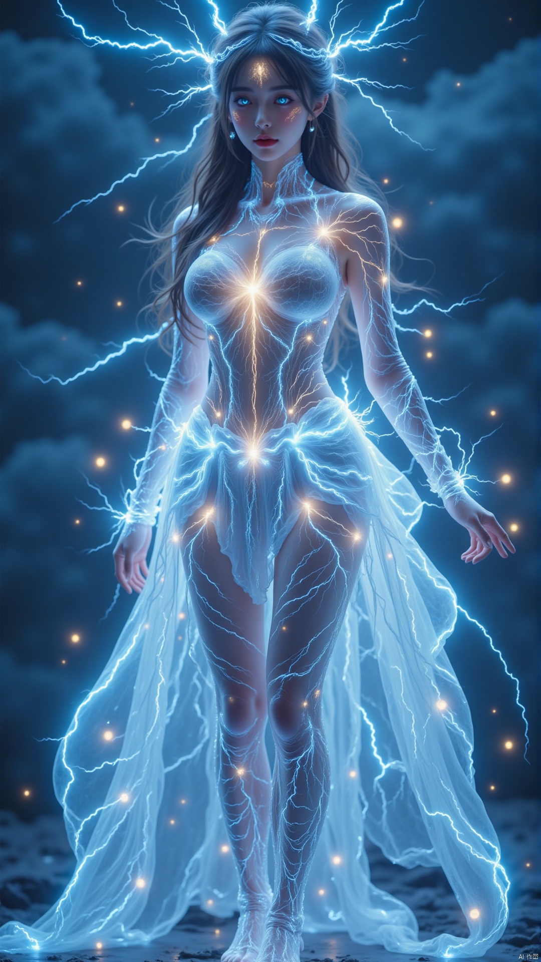"A powerful and mesmerizing woman stands amidst a thunderous storm, her presence commanding the energy of the storm itself. Her skin radiates a faint electric glow, with tiny arcs of electricity rippling across her arms, shoulders, and face, creating a dynamic and electrifying effect.

Her lightning-themed dress is a masterpiece of electrified energy, composed of flowing layers of glowing blue and white lightning that crackle and pulse with power. The dress is adorned with intricate patterns of thunderbolts and embedded glowing crystals that enhance the dynamic interplay of light and shadow.

Her hair cascades in soft waves, with strands electrified and floating gently in the air, giving her a fierce and ethereal appearance. Tiny glowing sparks dance across her hair, reflecting the energy of the storm.

Her makeup is bold and striking, with shimmering silver eyes and a faint blush that accentuates her commanding presence. Her posture is confident and regal, with one hand resting lightly on her hip and the other extended gracefully outward, as if summoning the storm.

The background is a tempestuous sky filled with raging thunderclouds, where massive arcs of lightning strike the ground around her, creating a dramatic and electrifying atmosphere. The air is thick with energy, and small glowing orbs of light drift gently around her, enhancing the power of the scene.

The overall composition is rich in detail, with the electrified effects seamlessly blending with her body and dress, making her appear as though she is one with the storm itself. The scene is perfect for a high-quality, electrifying wallpaper, capturing the essence of power and enchantment."
