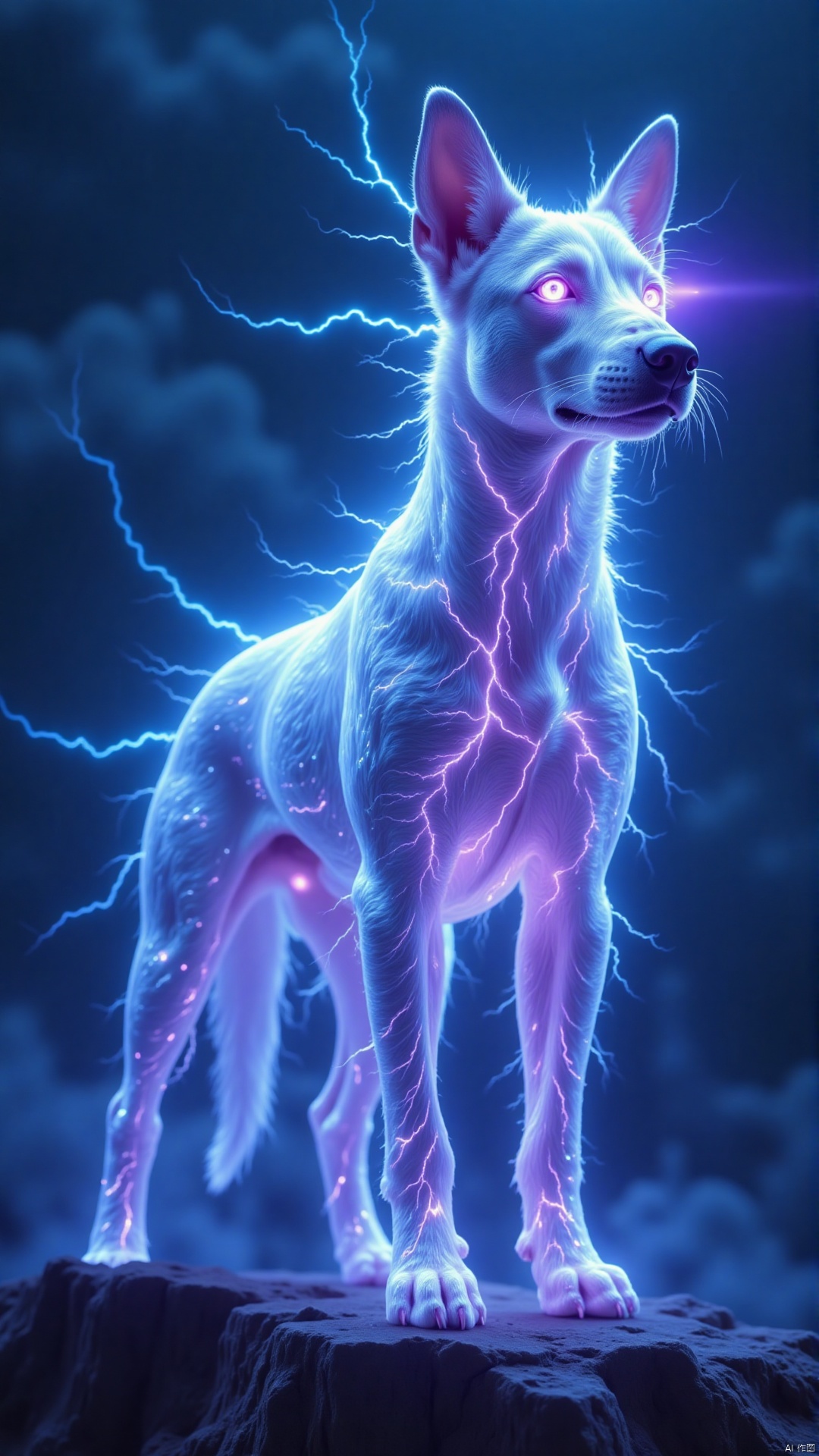 A spiritual dog, entirely composed of glistening lightning, stands on a towering cliff, with churning inky clouds behind it. Its fur consists of leaping electric sparks, and blue - white currents continuously flicker, outlining a smooth and powerful silhouette. With each breath, there is a crackling sound of electric sparks. Its eyes are like two burning cores of purple lightning, radiating a mysterious and majestic light, staring straight ahead as if guarding this mysterious world.