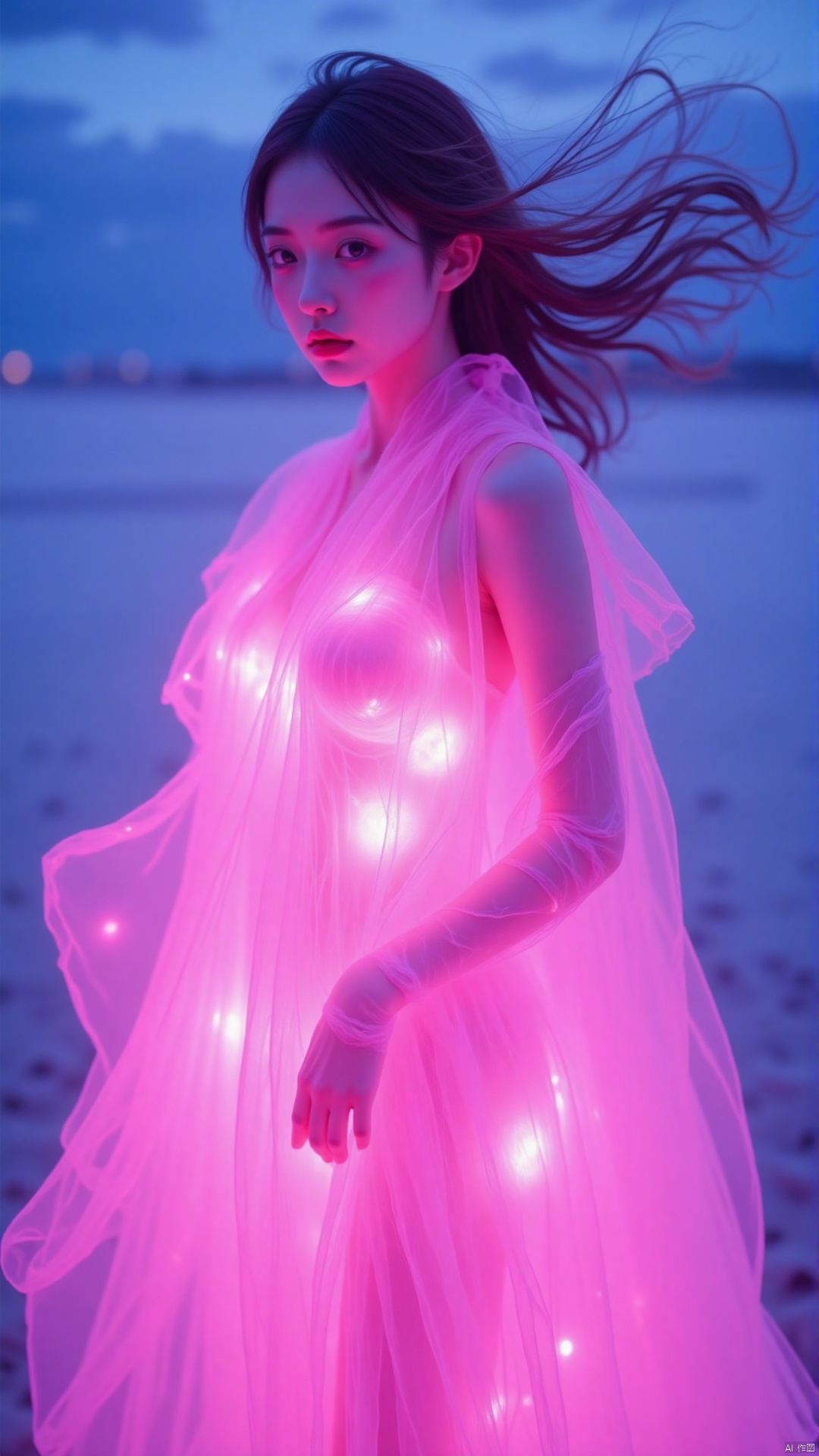 The image is a digital art piece that appears to be a portrait of a young woman standing on a beach. She is wearing a long, flowing pink dress that is draped over her body, covering her head and shoulders. The dress is made up of multiple layers of fabric that are illuminated with pink lights, creating a magical and ethereal glow. The woman's hair is blowing in the wind, and she is looking off into the distance with a serious expression on her face. The background is a beautiful blue sky with a hint of purple, and the ocean can be seen in the distance. The overall mood of the image is dreamy and surreal.
