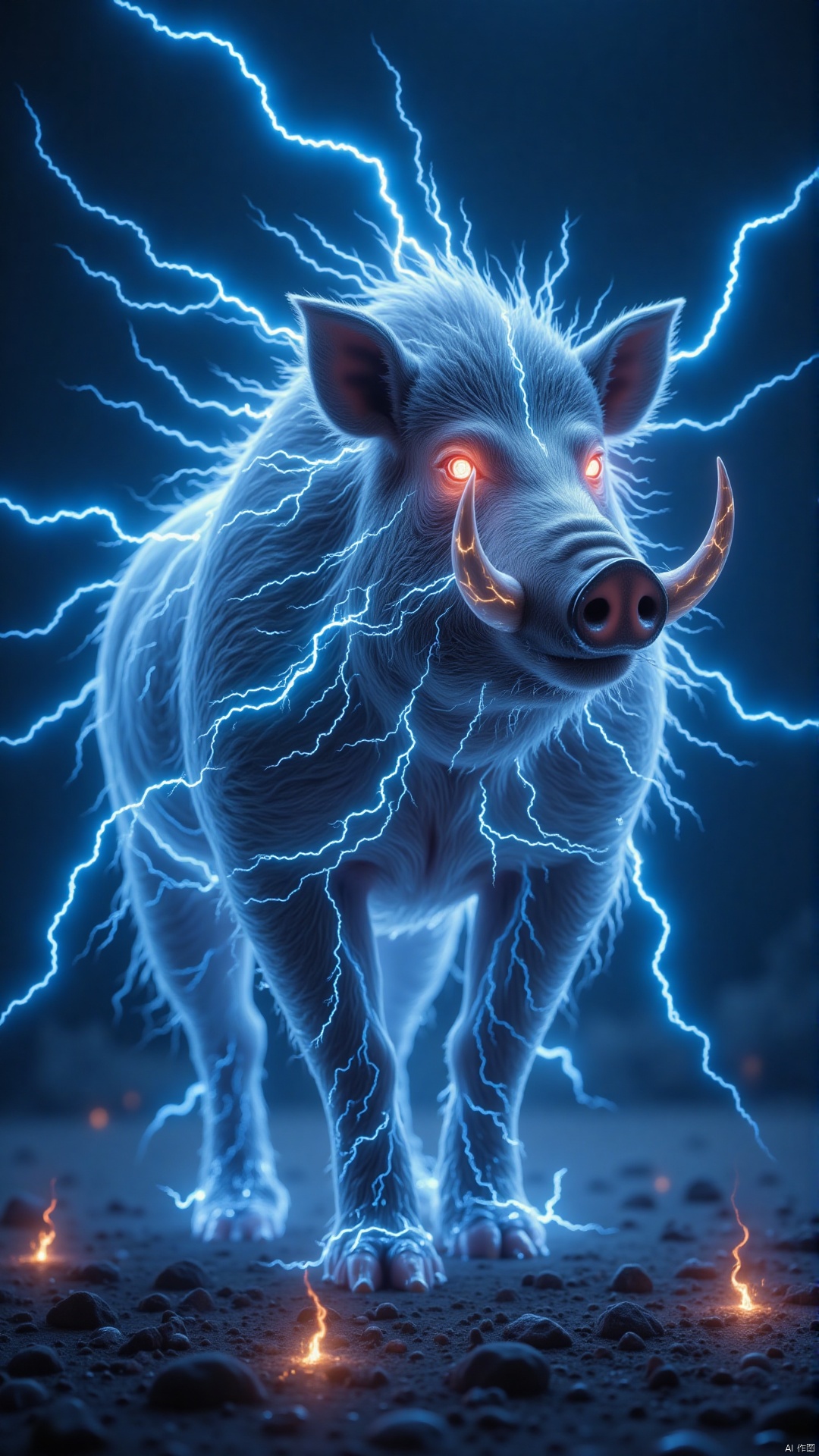 A robust wild boar is wrapped in furious lightning. Its originally coarse bristles have now transformed into flickering and leaping electric currents. Blue - white electric lights wander wantonly along its body, outlining the lines of its well - muscled physique. Its two sharp tusks glisten with a cold, harsh light in the thunder - light, and electric sparks occasionally burst at the tips of the tusks. Its ears stand erect, like two electrified blades. Every time it swings them, there is a hissing sound of electric current in the air. The eyes of the boar burn with red thunder - flames, full of wildness and anger. It rampages across the barren wilderness. Wherever it goes, the ground is split into charred gullies by the lightning, and the surrounding air vibrates violently due to its fury.