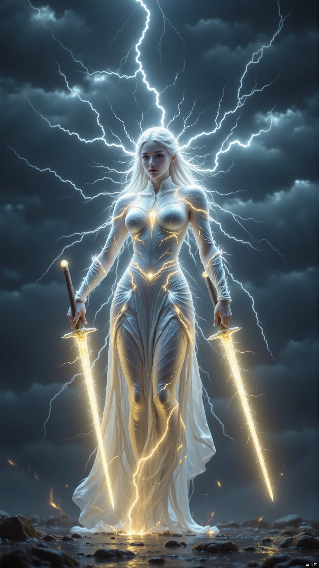 The image shows a woman standing in the middle of a stormy sky. She is wearing a long,  flowing white dress with intricate...