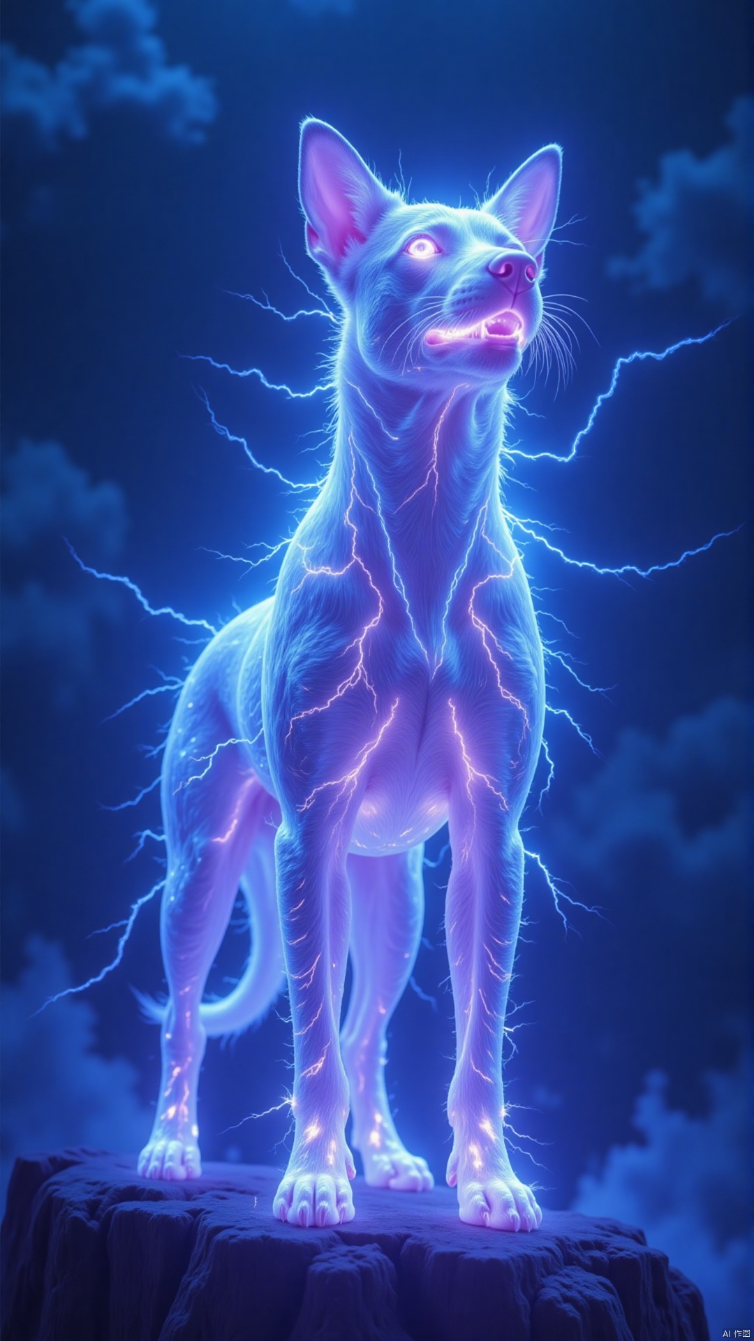 A spiritual dog, entirely composed of glistening lightning, stands on a towering cliff, with churning inky clouds behind it. Its fur consists of leaping electric sparks, and blue - white currents continuously flicker, outlining a smooth and powerful silhouette. With each breath, there is a crackling sound of electric sparks. Its eyes are like two burning cores of purple lightning, radiating a mysterious and majestic light, staring straight ahead as if guarding this mysterious world.