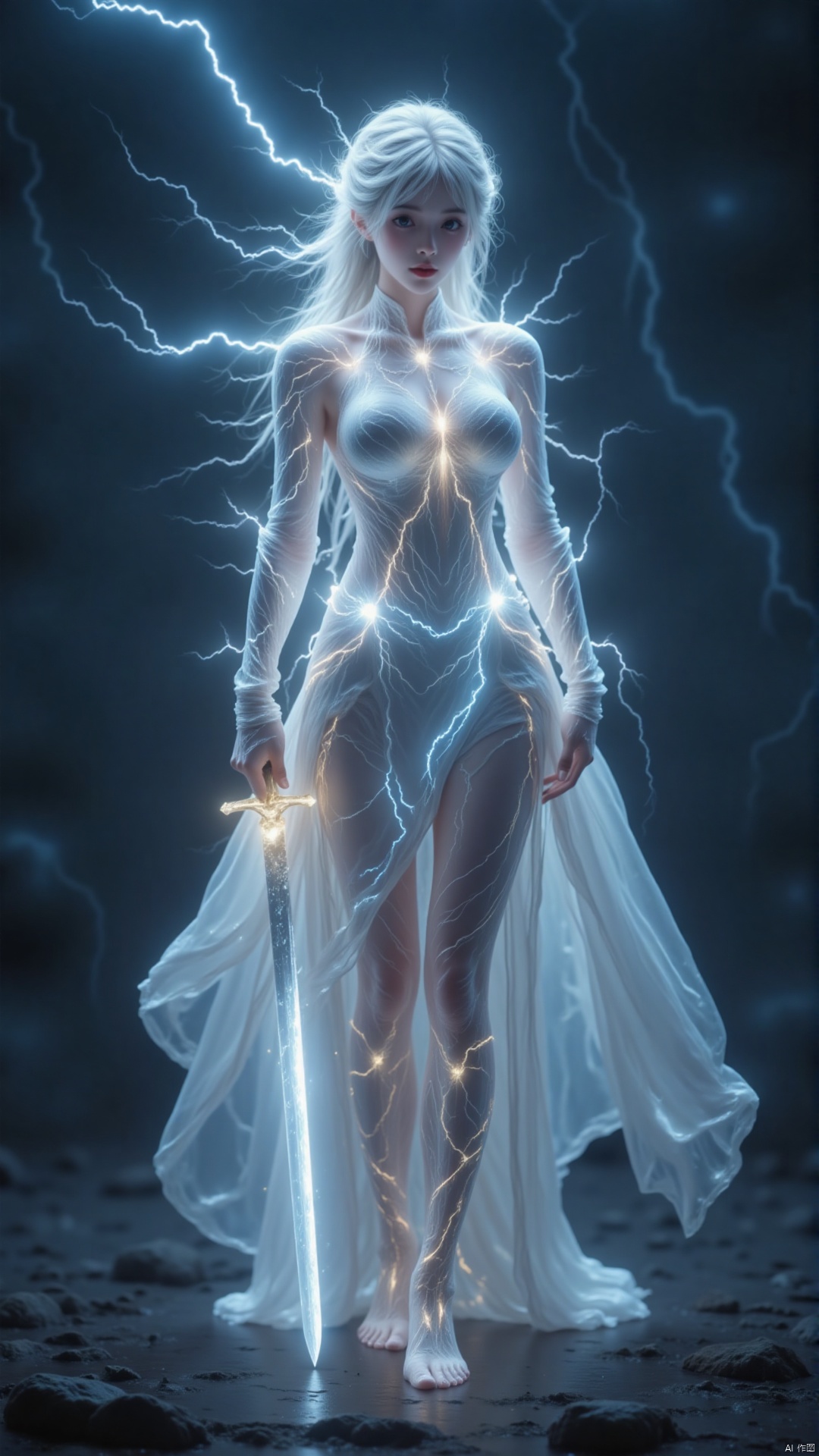 The image is a digital art piece that appears to be a fantasy or sci-fi scene. It features a woman with long white hair, standing in a dark and stormy sky with lightning bolts in the background. The woman is wearing a long, flowing white dress with a high neckline and long sleeves. She is holding a sword in her right hand and her left hand is resting on her hip. The dress is flowing in the wind and cascades down her back, creating a dramatic and ethereal atmosphere. The overall mood of the image is dark and ominous.