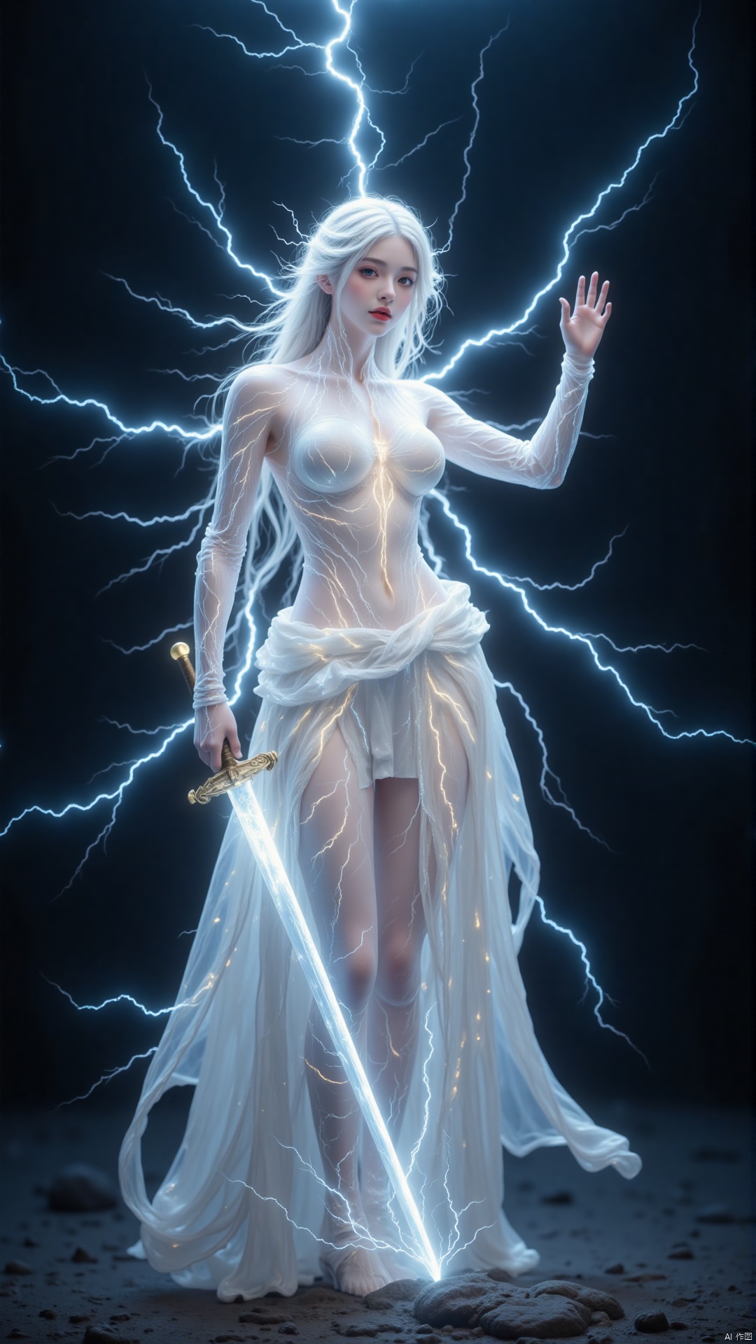 The image is a digital illustration of a woman standing in a dark and stormy landscape. She is holding a sword in her right hand and her left hand is raised in the air, as if she is ready to strike. The woman is wearing a long, flowing white dress that covers her entire body. Her hair is long and flowing, and she has a pale complexion. The background is filled with lightning bolts, creating a dramatic and ominous atmosphere. The overall mood of the image is dark and foreboding.