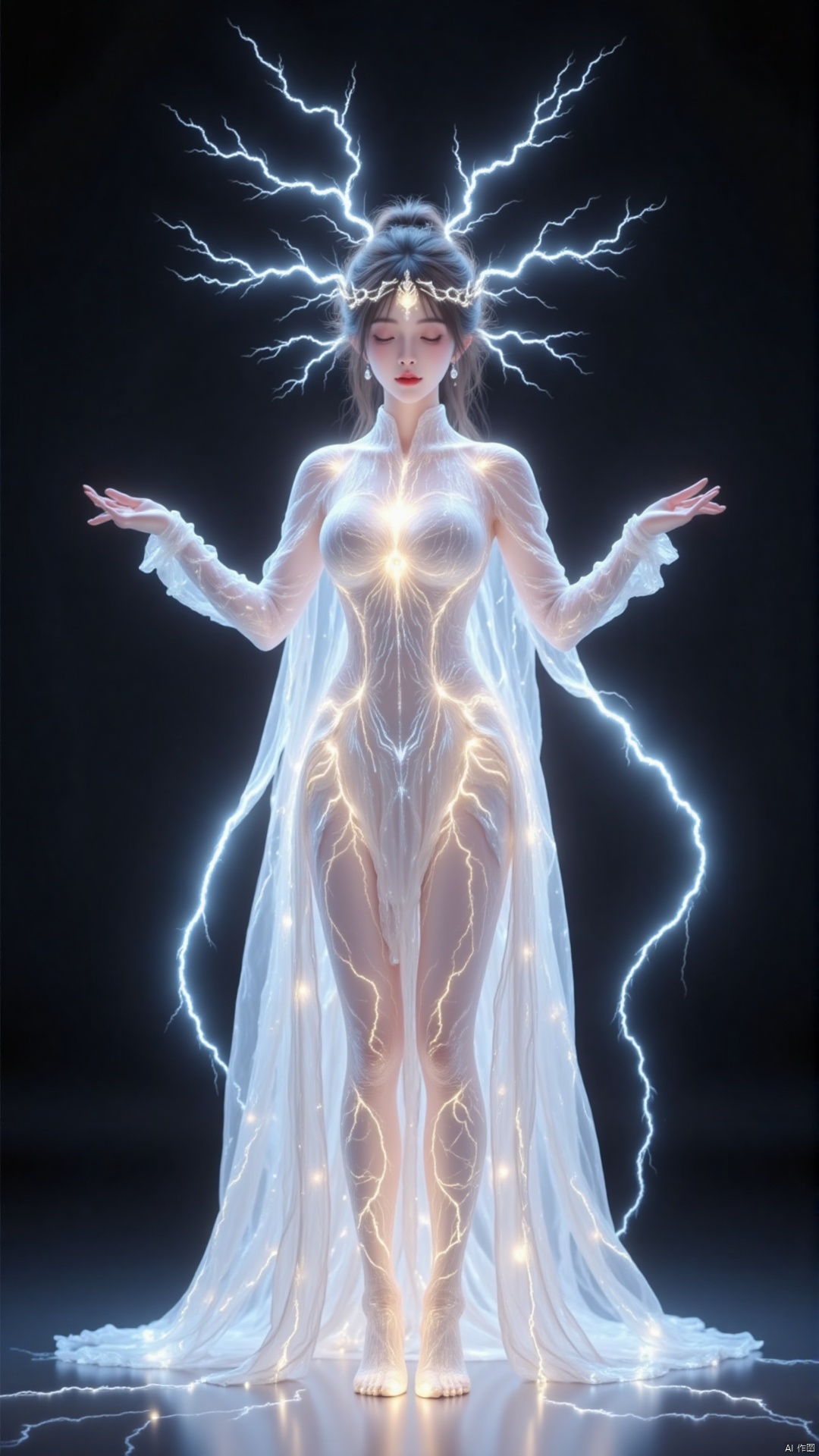 The image is a digital illustration of a woman standing with her arms stretched out to the sides. She is wearing a long, flowing white dress with a high neckline and long sleeves. The dress is made of a shiny, metallic material that reflects the light and creates a shimmering effect. The woman's hair is styled in a dramatic updo with a crown of thorns on top. She has a pale complexion and her eyes are closed, giving her a peaceful and serene expression.

The background is dark, making the woman stand out even more. The lightning bolts around her add a sense of power and energy to the image. The overall mood of the image is mystical and mystical.