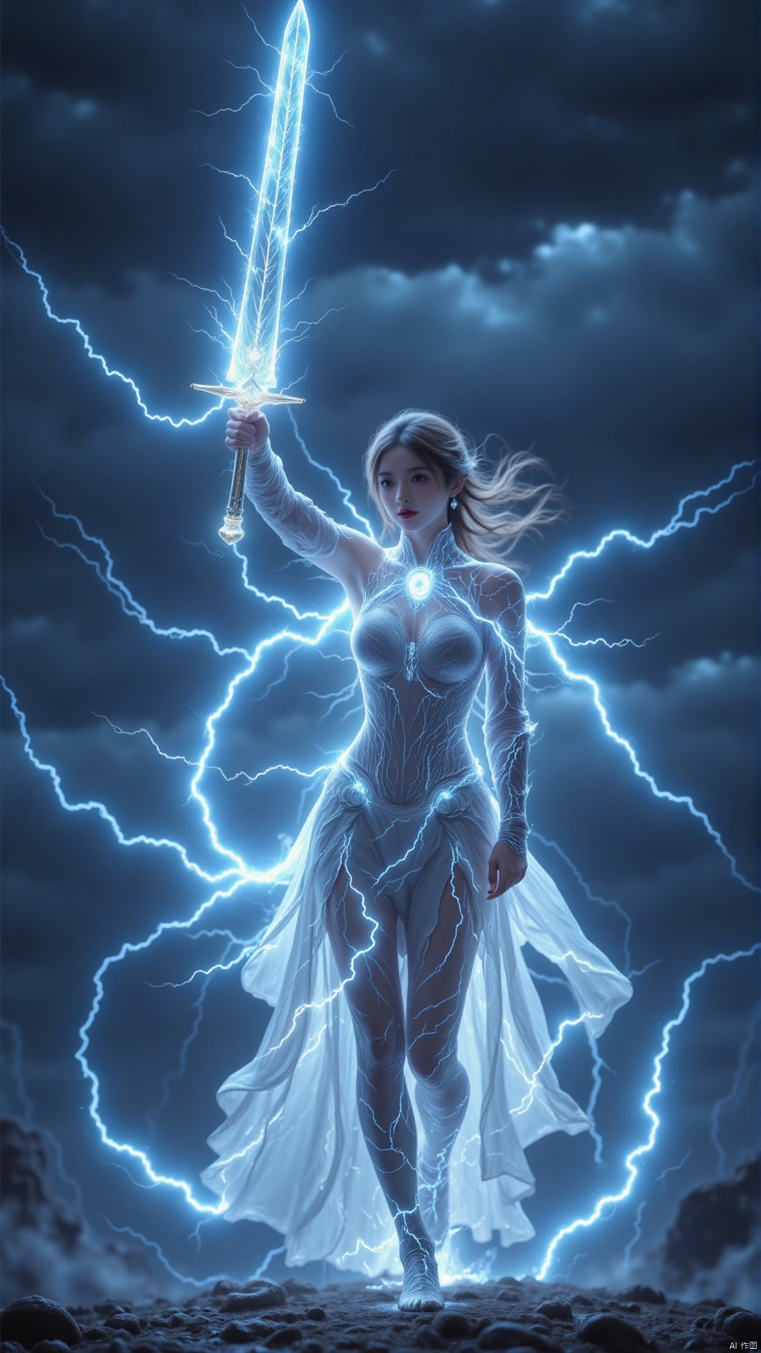 The image is a digital illustration of a woman standing in the middle of a stormy sky. She is holding a large sword in her right hand and her left hand is raised in a defensive stance. The woman is wearing a long, flowing white dress with a high neckline and long sleeves. Her hair is flowing in the wind and she has a fierce expression on her face. The background is filled with dark clouds and lightning bolts, creating a dramatic and powerful atmosphere. The overall mood of the image is intense and dramatic.