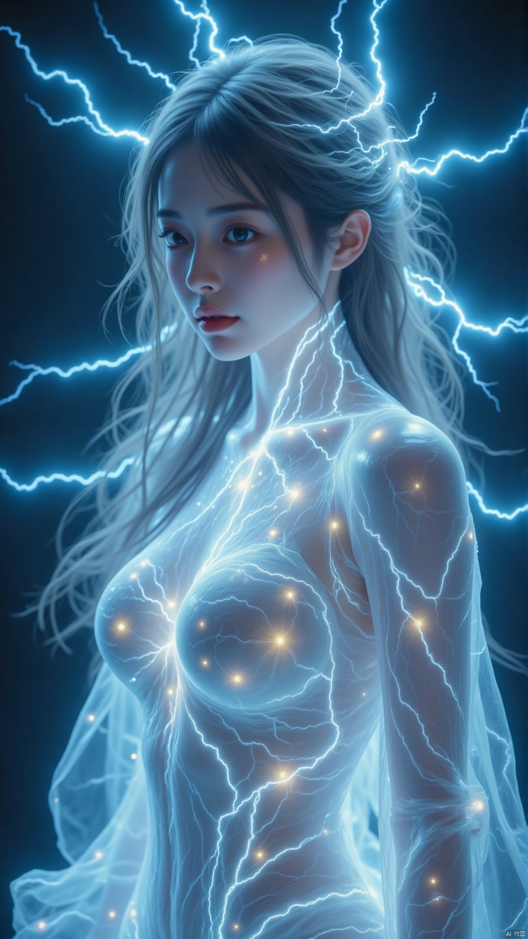 composed of elements of thunder,thunder,electricity ,Create a spectral woman with a (translucent appearance:1.3),Her form is barely tangible,with a soft glow emanating from her gentle contours,The surroundings subtly distort through her ethereal presence,casting a dreamlike ambiance,(white hair:0.1),