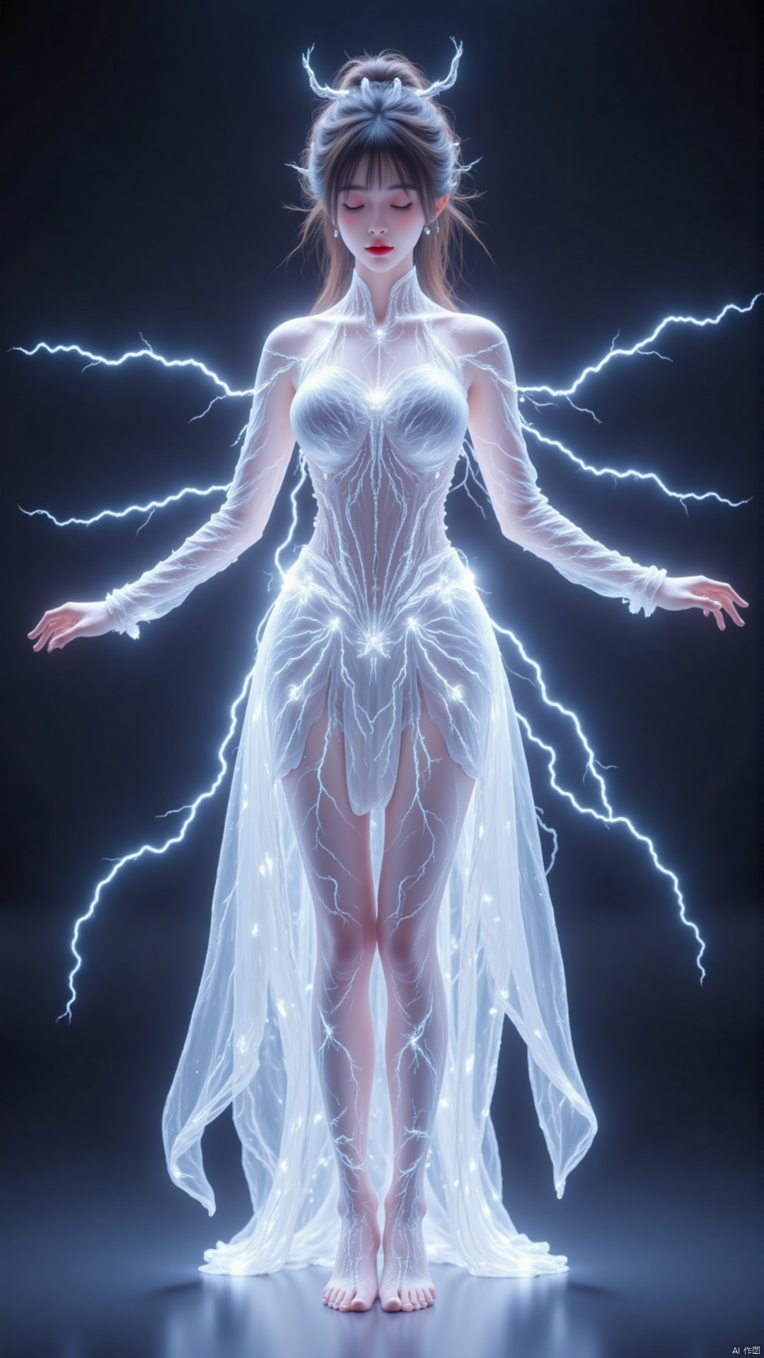 The image is a digital illustration of a woman standing with her arms stretched out to the sides. She is wearing a long, flowing white dress with a high neckline and long sleeves. The dress is made of a shiny, metallic material that reflects the light and creates a shimmering effect. The woman's hair is styled in a dramatic updo with a crown of thorns on top. She has a pale complexion and her eyes are closed, giving her a peaceful and serene expression.

The background is dark, making the woman stand out even more. The lightning bolts around her add a sense of power and energy to the image. The overall mood of the image is mystical and mystical.