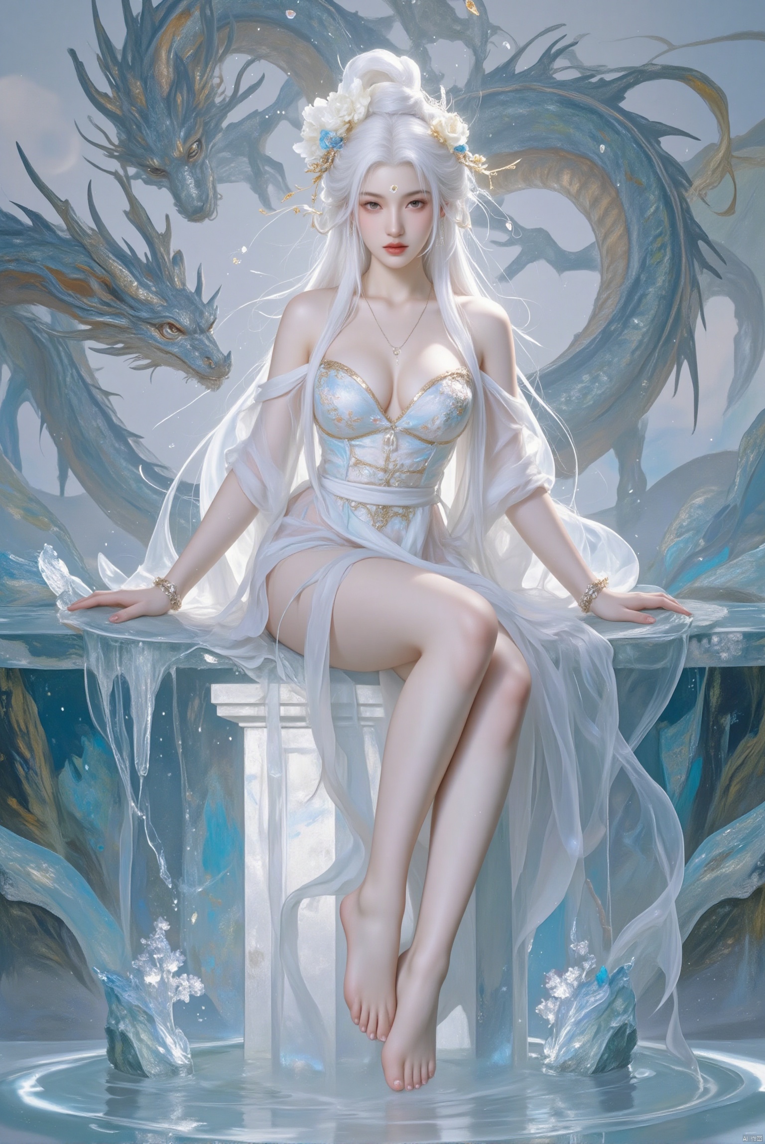 1girl, solo, long hair, breasts, hair ornament, dress, jewelry, full body, flower, white hair, barefoot, hair flower, water, white dress, bare legs, floating, pillar,dragon 