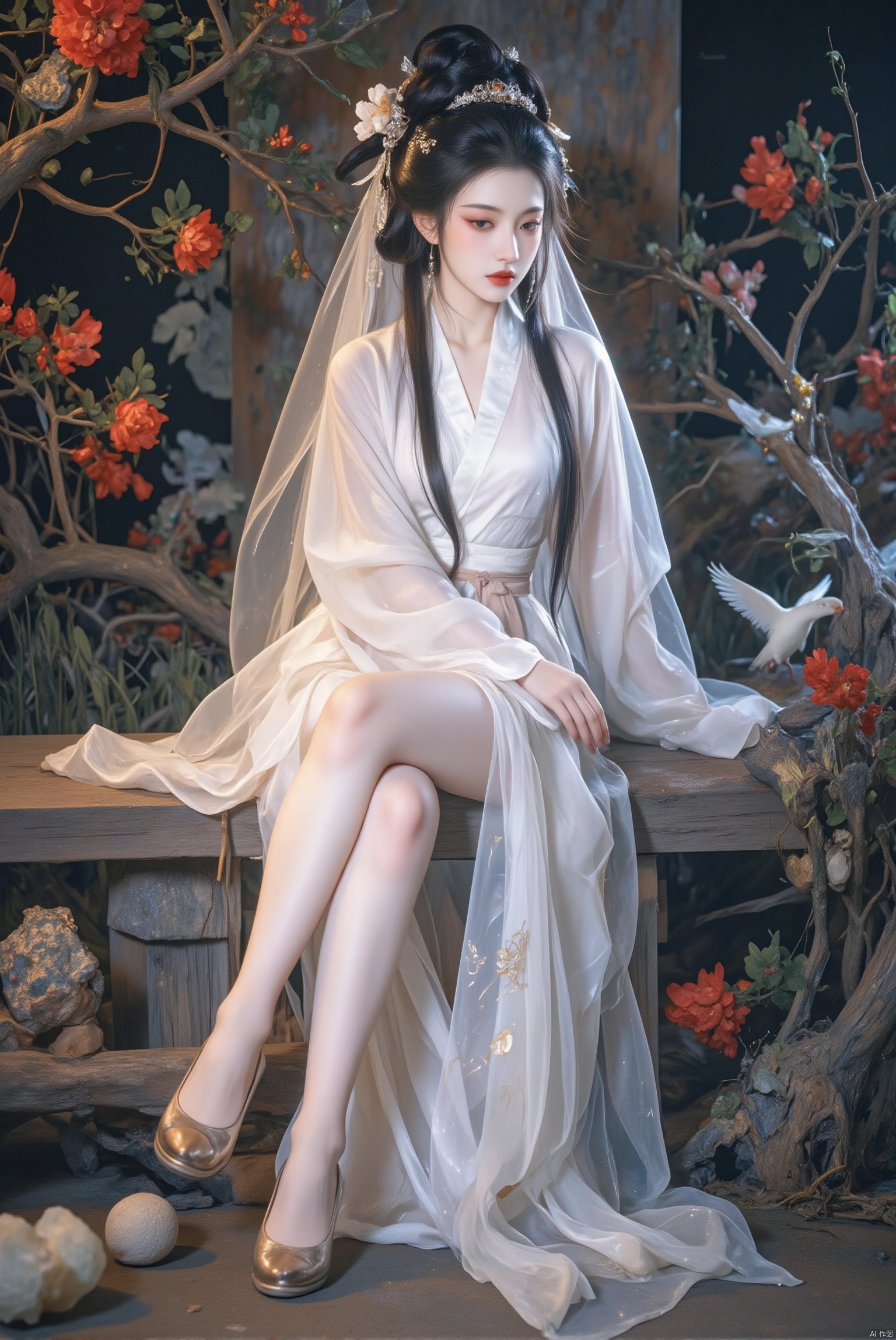 1girl, solo, long hair, bangs, black hair, hair ornament, long sleeves, dress, sitting, closed mouth, flower, barefoot, wide sleeves, white dress, bare legs, bird, chinese clothes, red flower, veil, branch