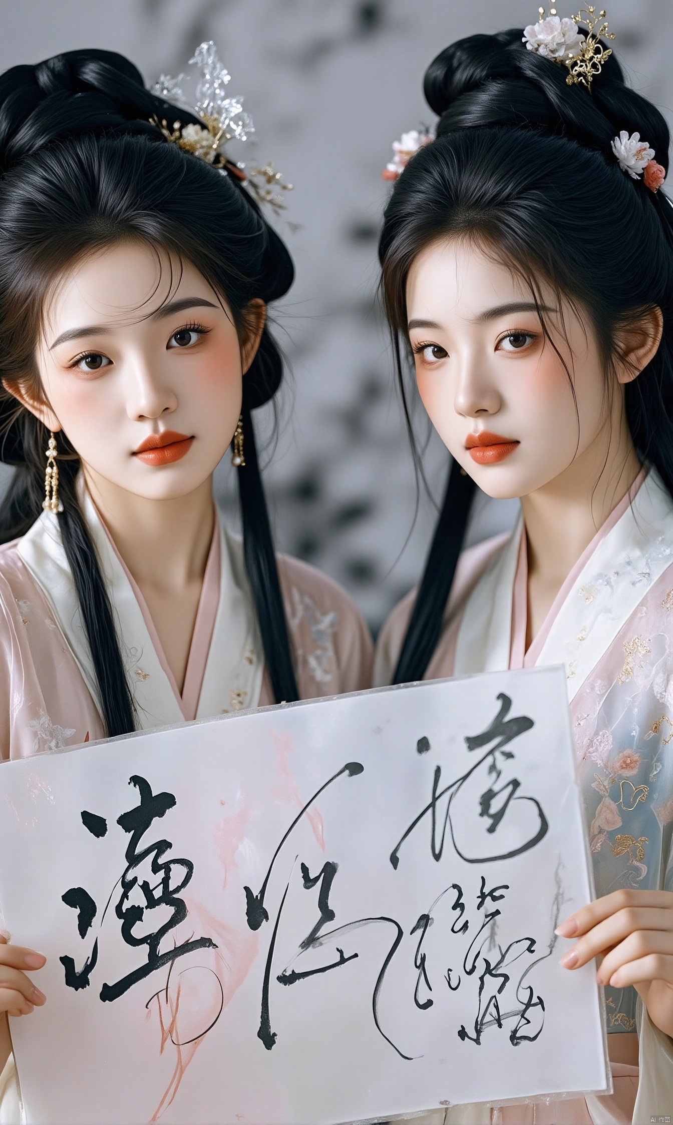 2girls, long hair, looking at viewer, black hair, hair ornament, holding, 2girls, jewelry, upper body, flower, earrings, hair bun, blurry background, chinese clothes, sign, holding sign,jinghongzy,Chinese character