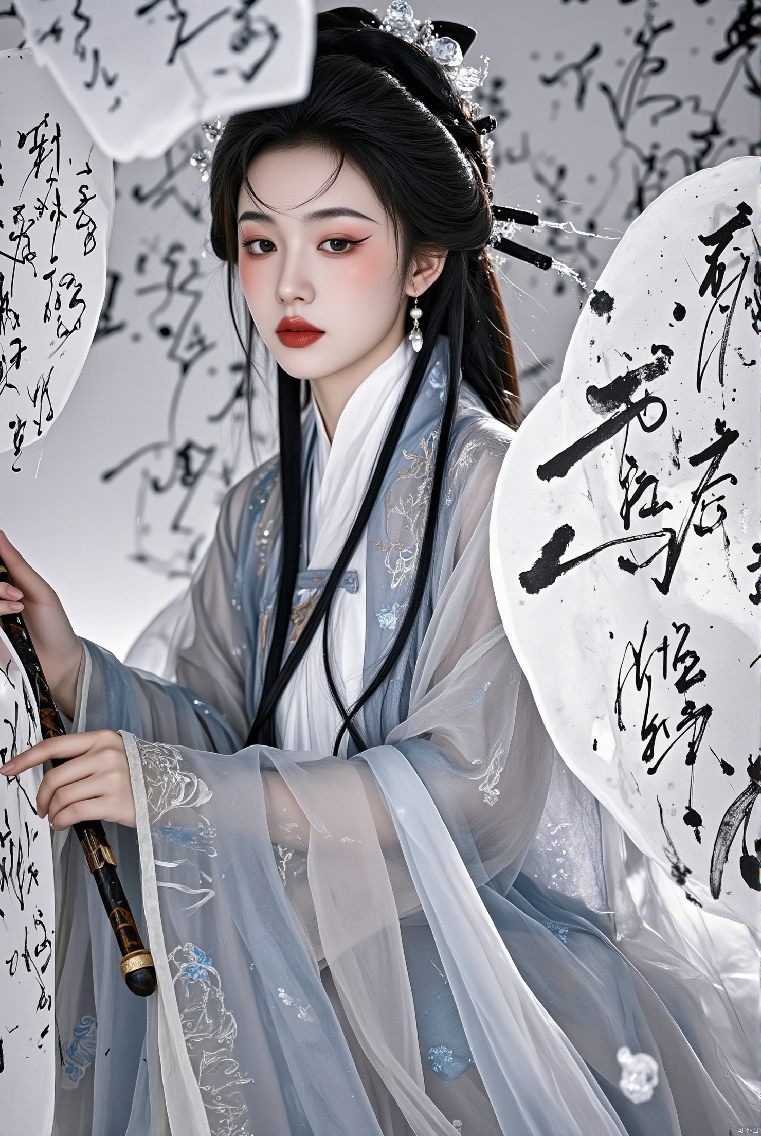 1girl, solo, long hair, looking at viewer, black hair, hair ornament, long sleeves, holding, jewelry, closed mouth, upper body, earrings, wide sleeves, black eyes, chinese clothes, red lips, hanfu,jinghongzy,Chinese text,Chinese character