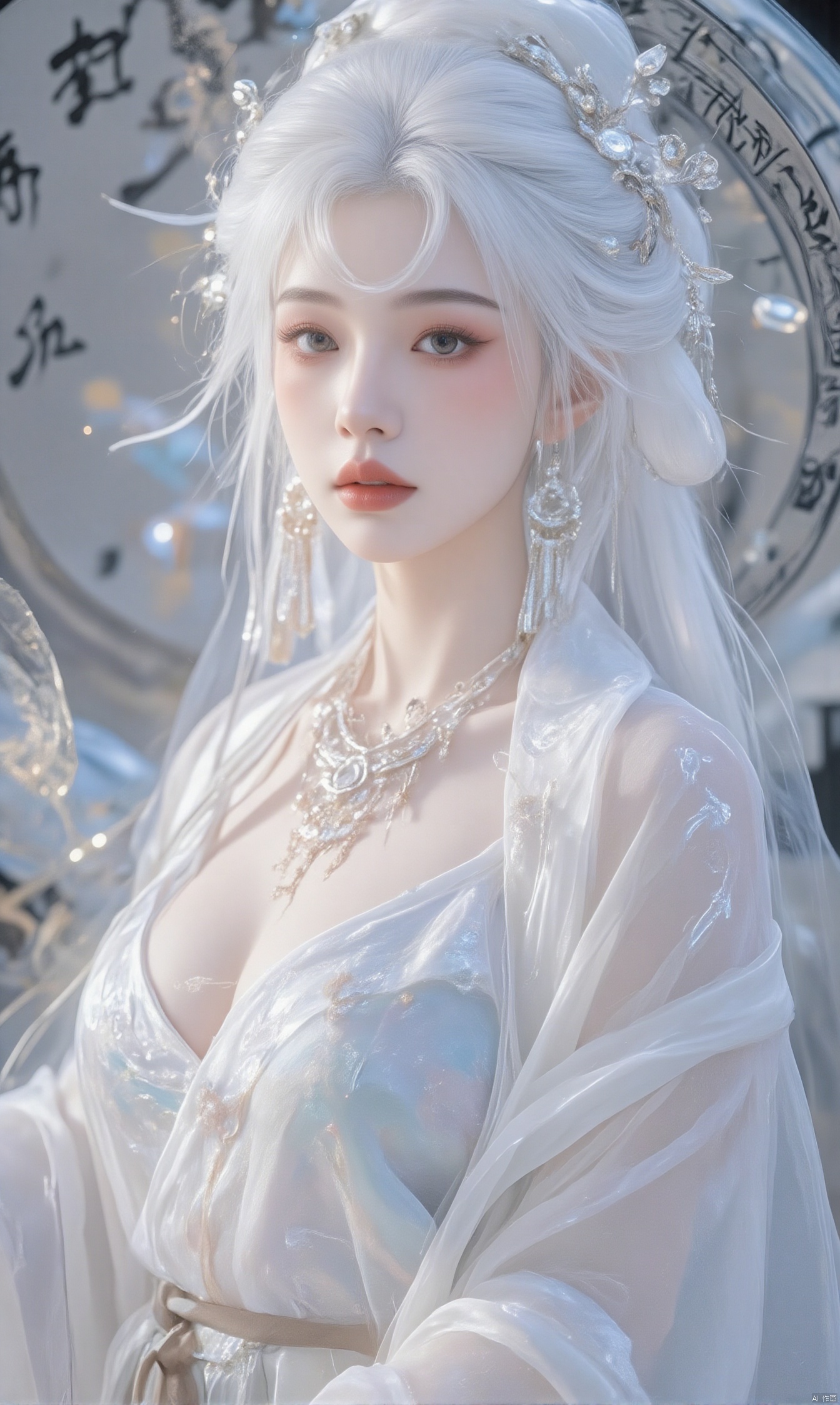 1girl, solo, long hair, looking at viewer, blue eyes, hair ornament, jewelry, white hair, earrings, lips, eyelashes, makeup, gem, tassel, portrait, red lips, tassel earrings,jinghongzy,huge Breasts,cleavage,Chinese character,Silk, white transparent silk,Chinese text