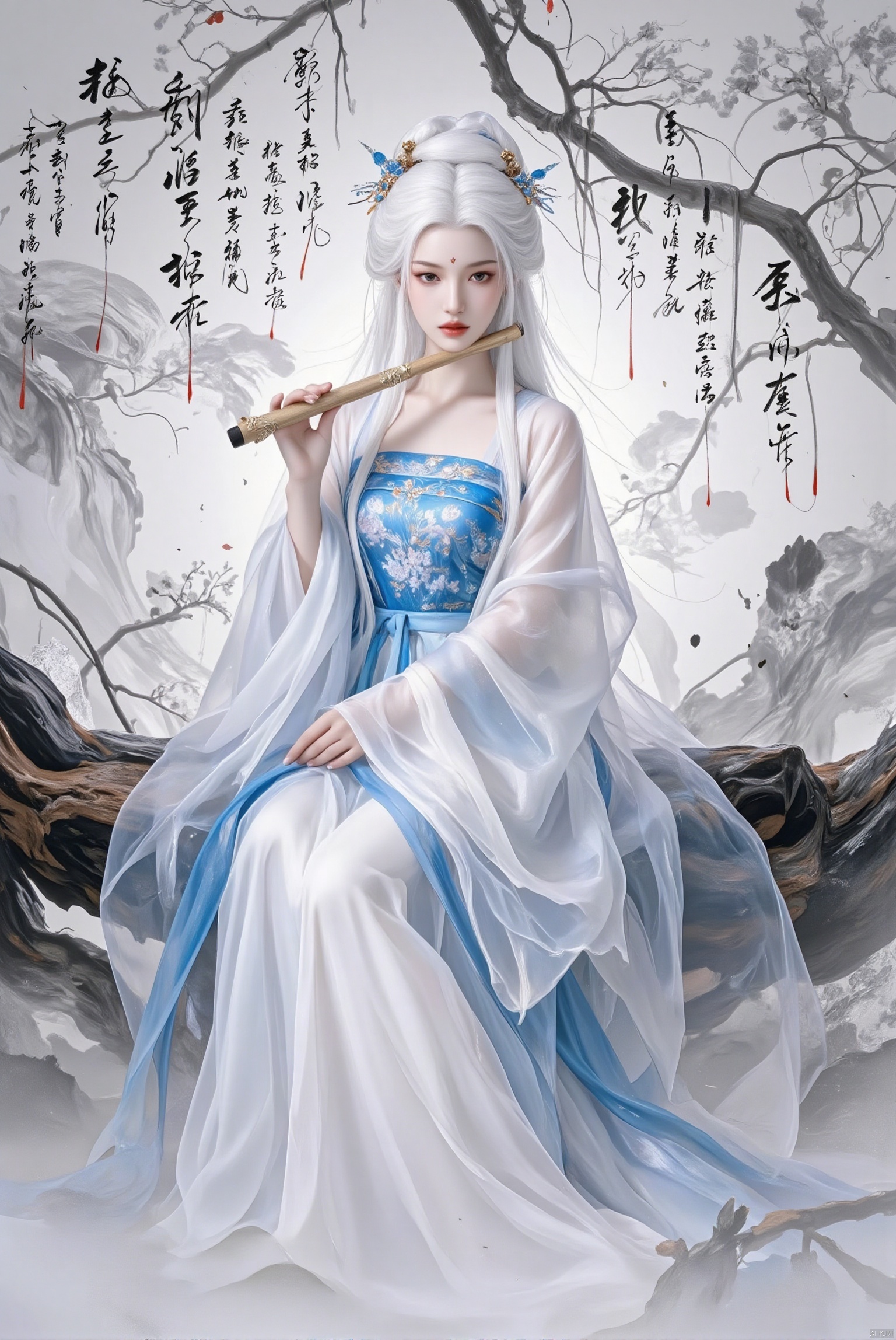 Prompt: 1girl, solo, long hair, hair ornament, dress, sitting, white hair,, white dress, tree, blue dress,,Flute, flute,hanfu,Ink and wash, Chinese characters,Surrealism, fantasy, smoke,