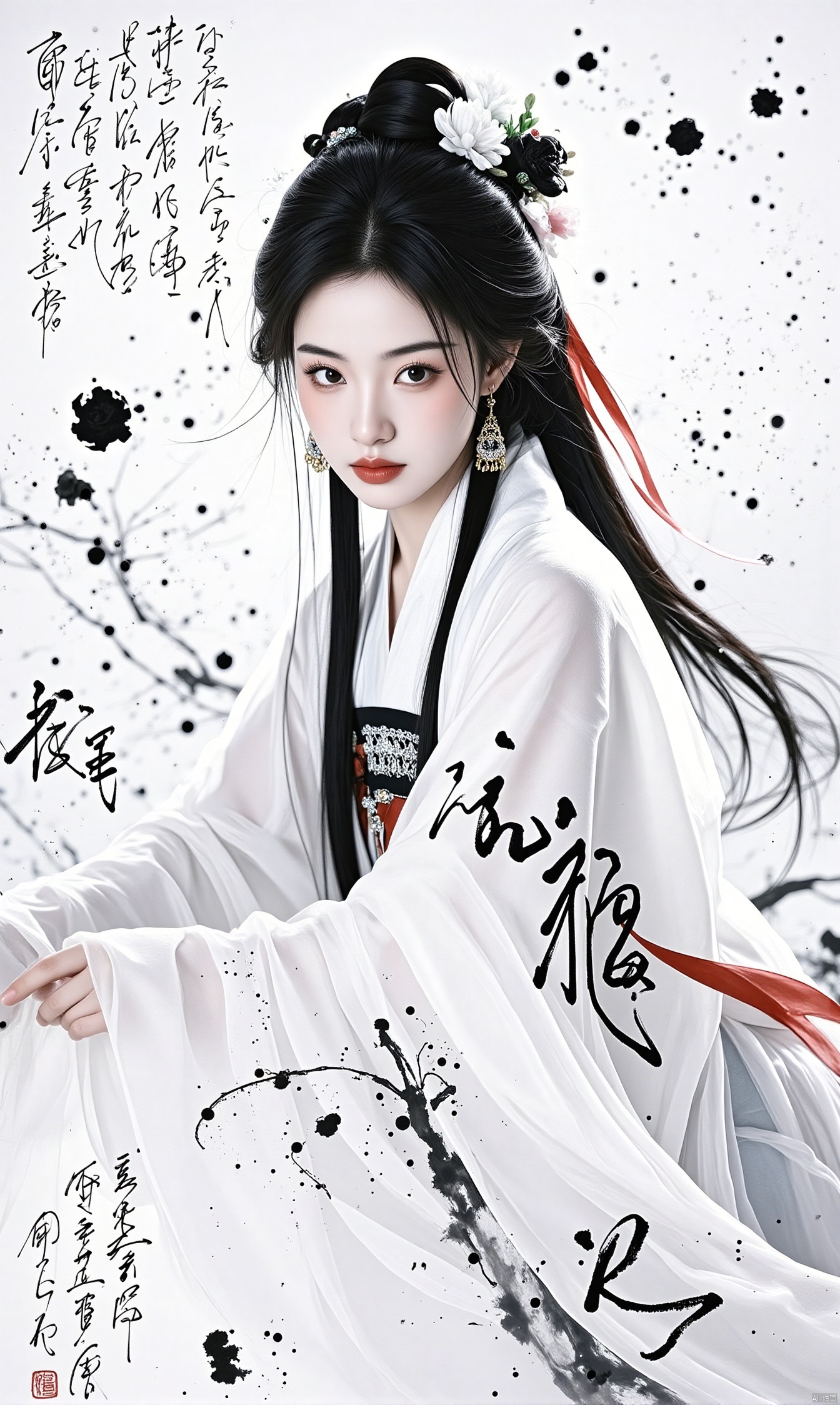 jinghongzy,1girl,solo,long hair,looking at viewer,black hair,hair ornament,dress,ribbon,jewelry,upper body,flower,earrings,hair flower,hair bun,black,eyes,chinese clothes,single hair bun,hanfu,Ink and wash,Chinese character