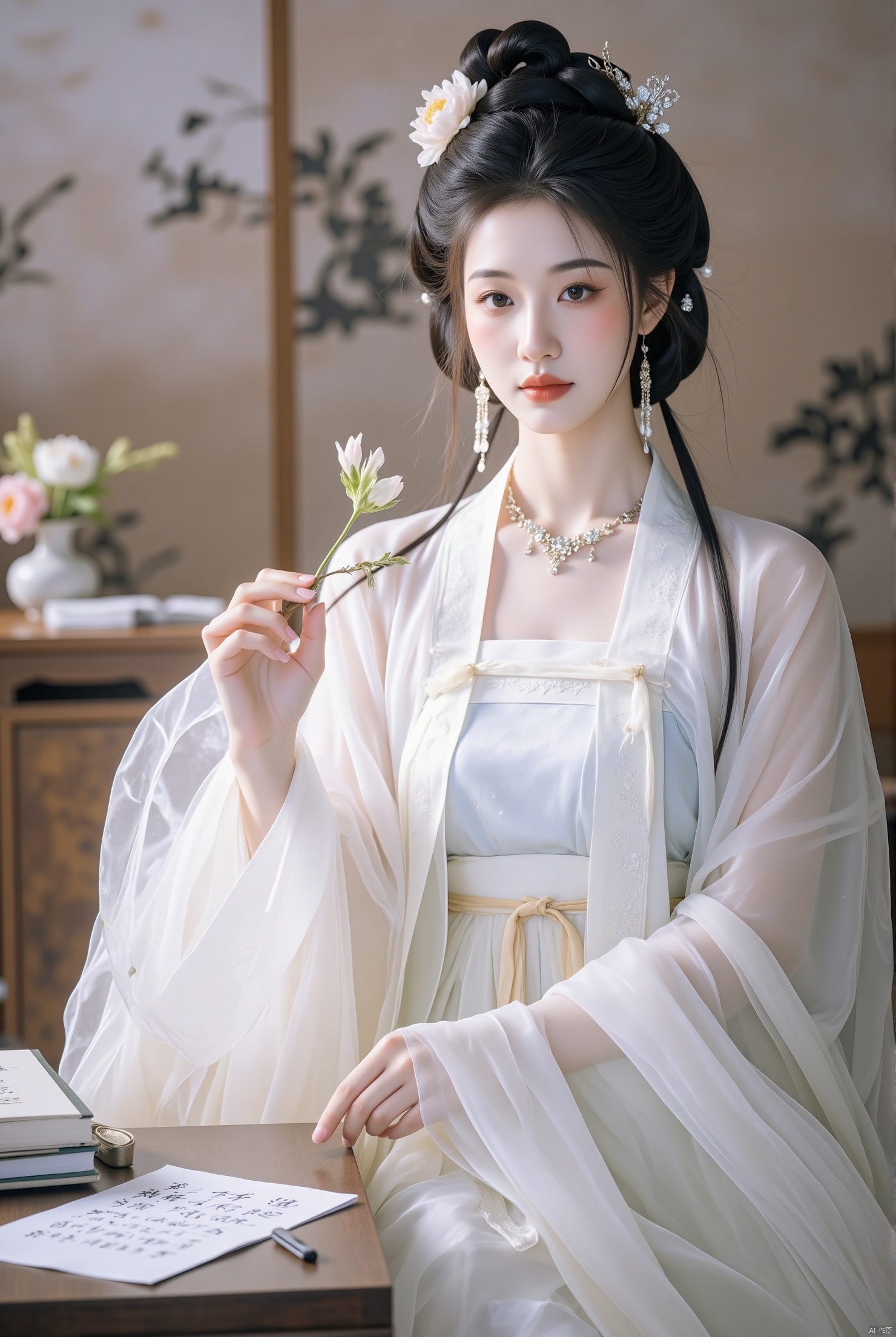 1girl, solo, looking at viewer, black hair, hair ornament, dress, holding, jewelry, sitting, flower, indoors, hair flower, necklace, white dress, blurry, blurry background, chinese clothes, table, paper, writing, hanfu,jinghongzy
