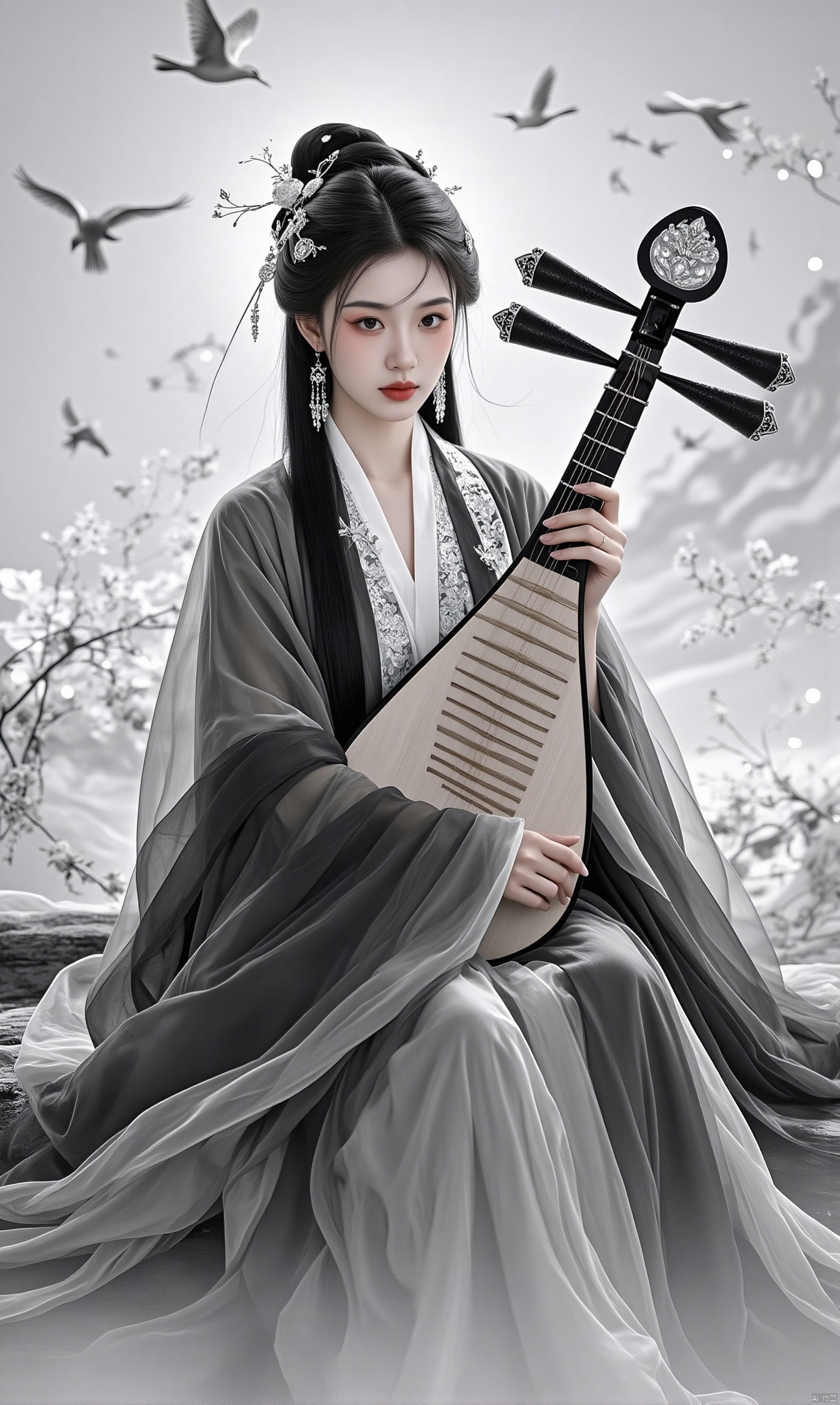 jinghongzy,1girl,solo,long hair,looking at viewer,black hair,hair ornament,long sleeves,dress,holding,jewelry,sitting,earrings,wide sleeves,bird,chinese clothes,instrument,music,holding instrument,hanfu,pipa,grey background,black hanfu
