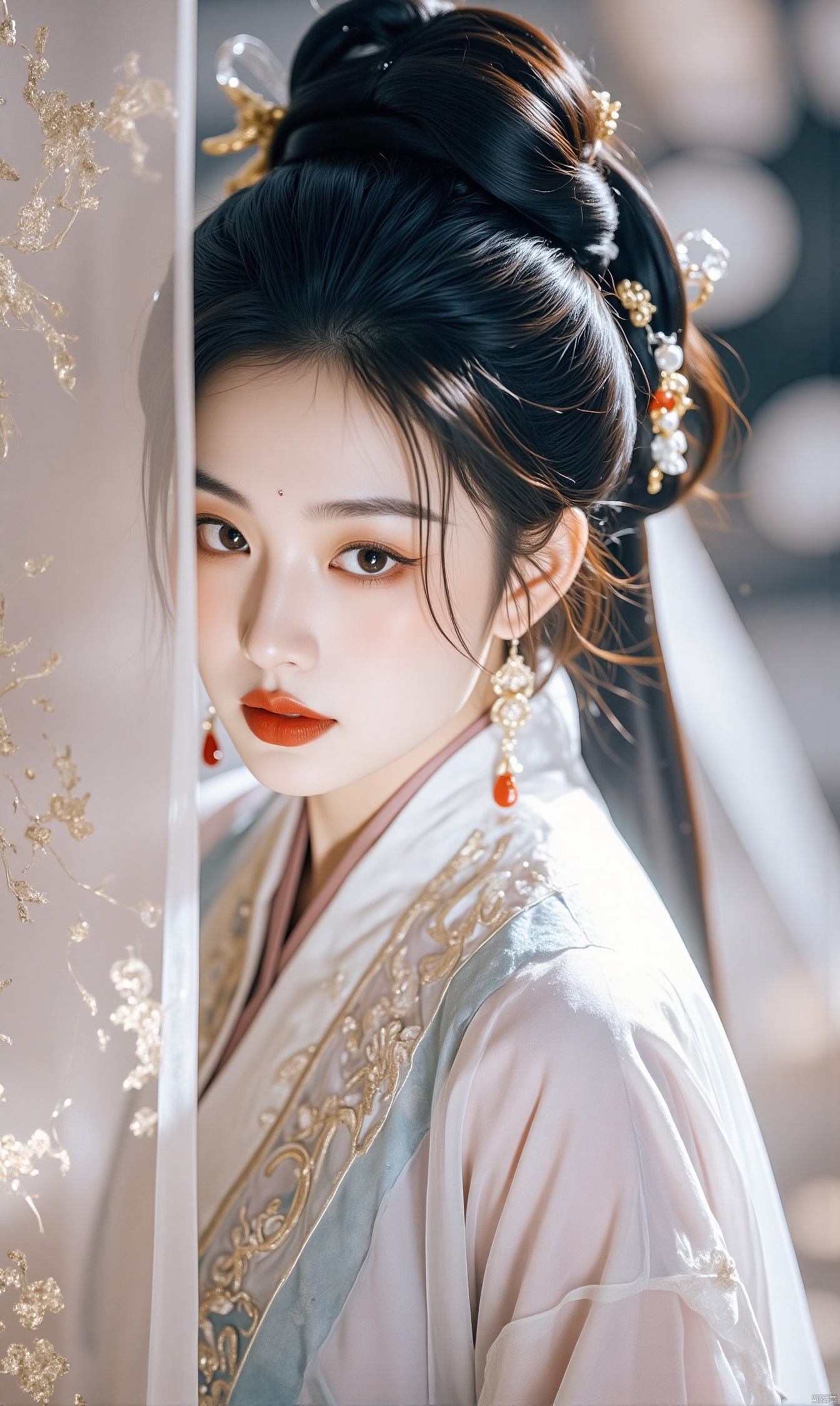 1girl, solo, looking at viewer, black hair, hair ornament, dress, jewelry, closed mouth, upper body, earrings, looking back, hair bun, blurry, black eyes, lips, blurry background, chinese clothes, red lips,jinghongzy