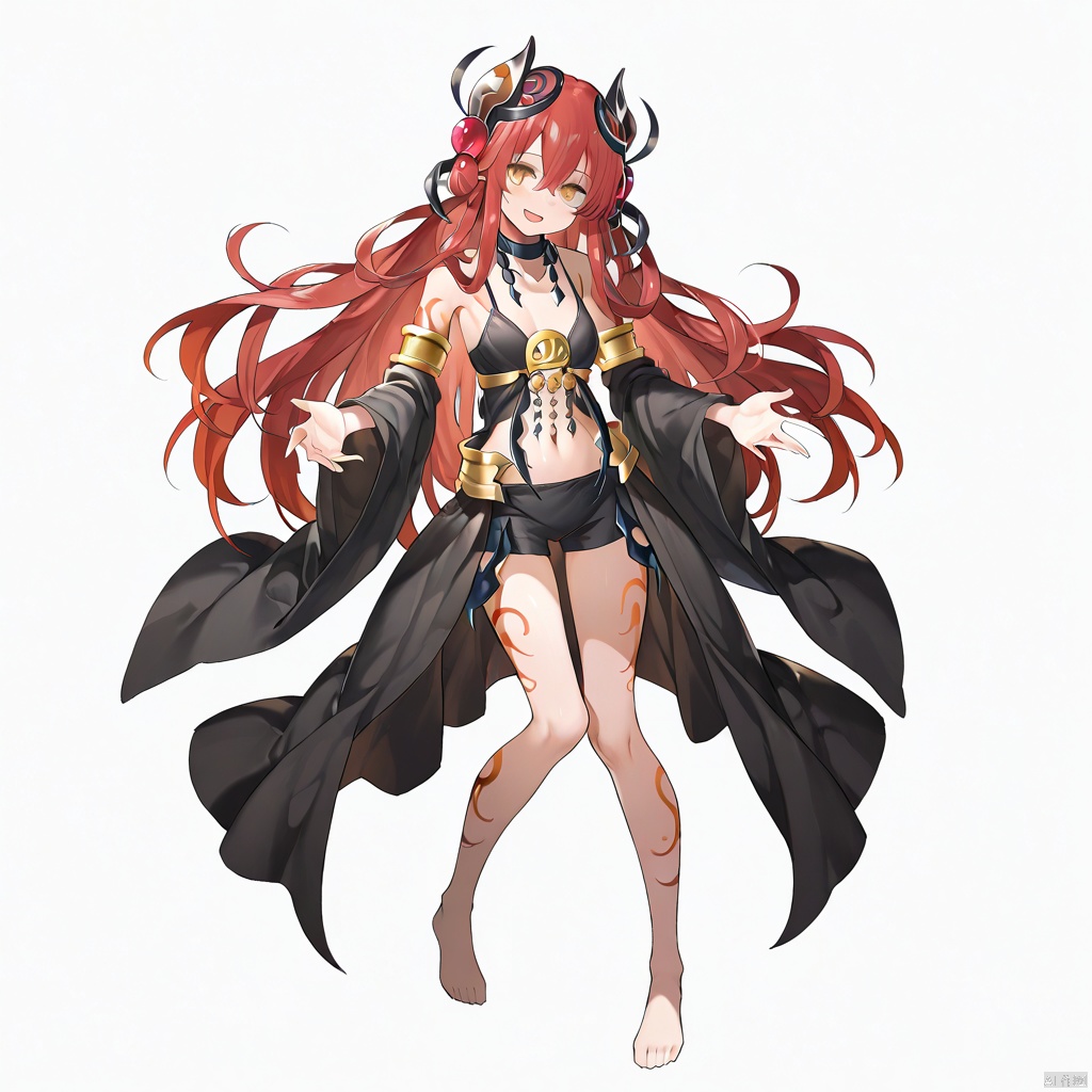 masterpiece, best quality, high quality, Traptrix Allomerus \(ygo\), 1girl, solo, long hair, smile, open mouth, simple background, hair ornament, white background, navel, yellow eyes, red hair, detached sleeves, tattoo, empty hands, barefoot, full body,