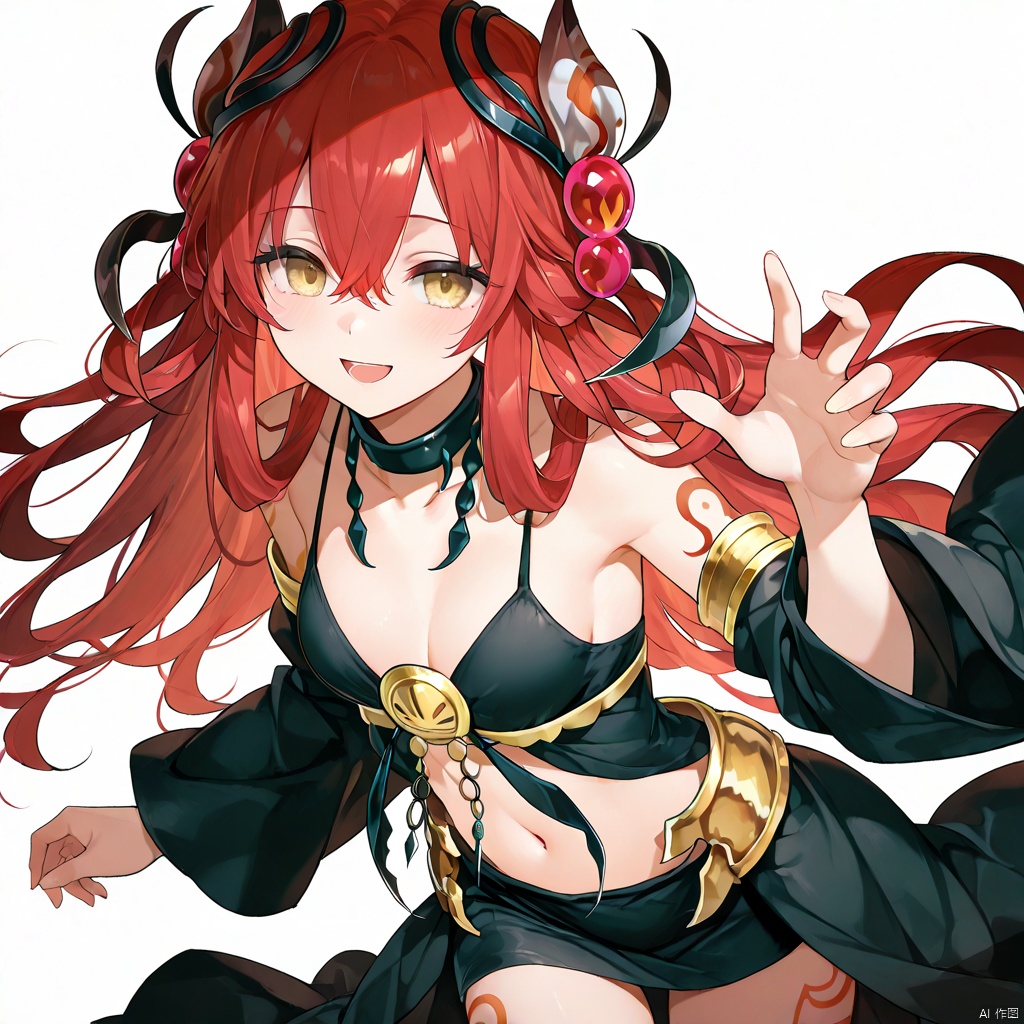 masterpiece, best quality, high quality, Traptrix Allomerus \(ygo\), 1girl, solo, long hair, smile, open mouth, simple background, hair ornament, white background, navel, yellow eyes, red hair, detached sleeves, tattoo, empty hands,
