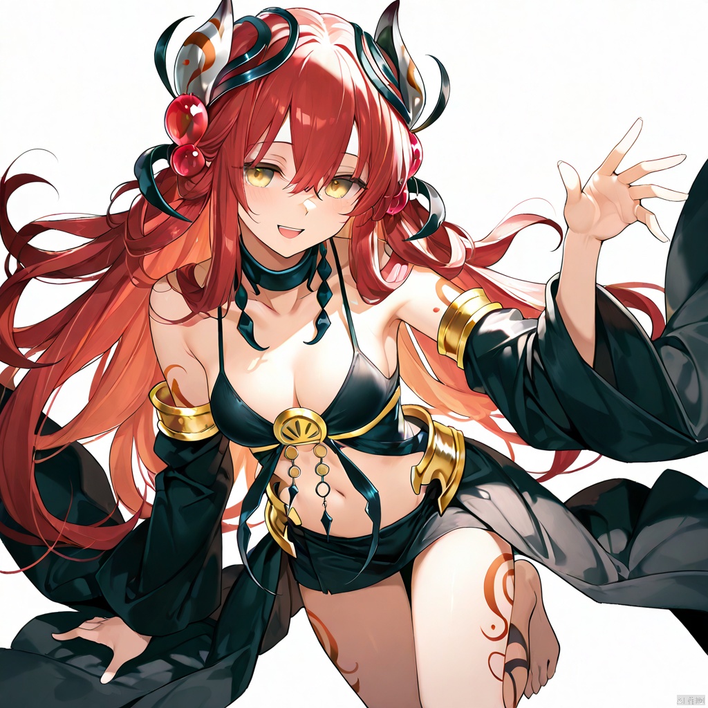 masterpiece, best quality, high quality, Traptrix Allomerus \(ygo\), 1girl, solo, long hair, smile, open mouth, simple background, hair ornament, white background, navel, yellow eyes, red hair, detached sleeves, tattoo, empty hands, barefoot,