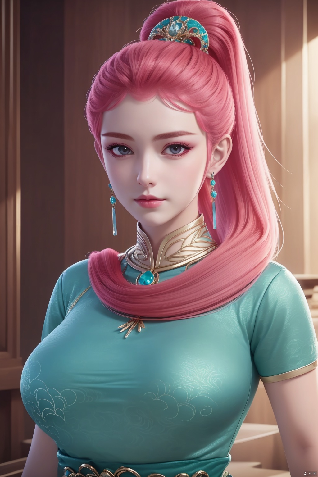 1girl, solo, long hair, breasts, looking at viewer, hair ornament, dress, jewelry, ponytail, pink hair, earrings, masterpiece,best quality,official art,extremely detailed CG unity 8k wallpaper,upper body,looking at viewer