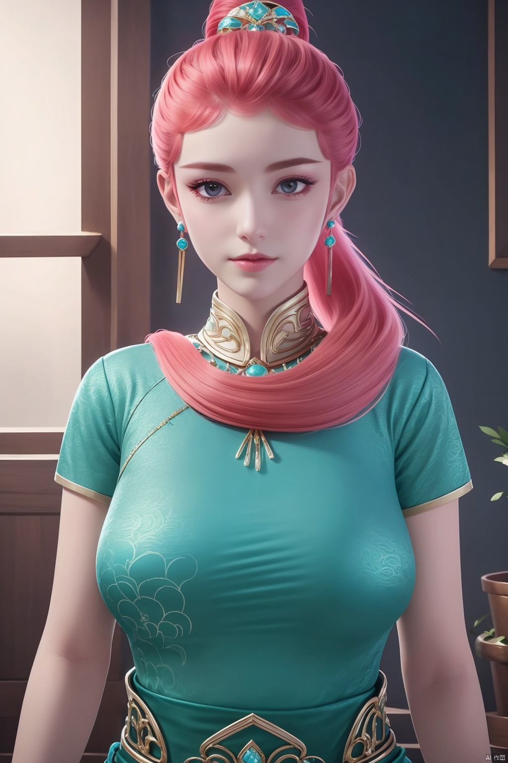 1girl, solo, long hair, breasts, looking at viewer, hair ornament, dress, jewelry, ponytail, pink hair, earrings, masterpiece,best quality,official art,extremely detailed CG unity 8k wallpaper,upper body,looking at viewer