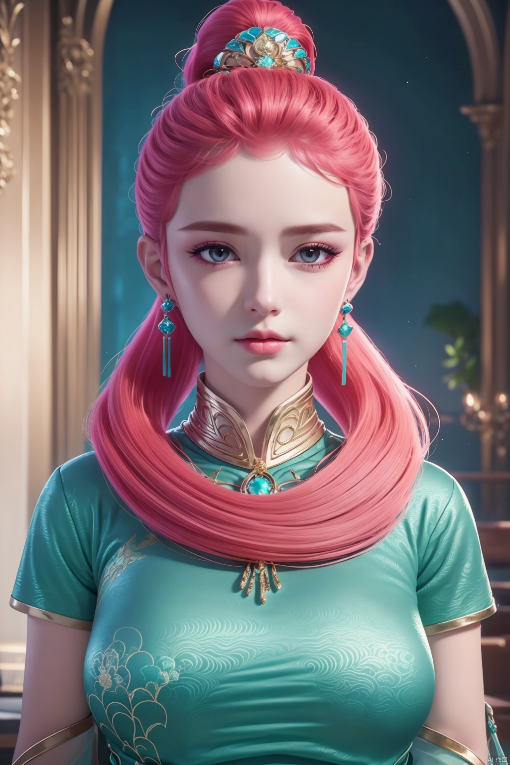 1girl, solo, long hair, breasts, looking at viewer, hair ornament, dress, jewelry, ponytail, pink hair, earrings, masterpiece,best quality,official art,extremely detailed CG unity 8k wallpaper,upper body,looking at viewer