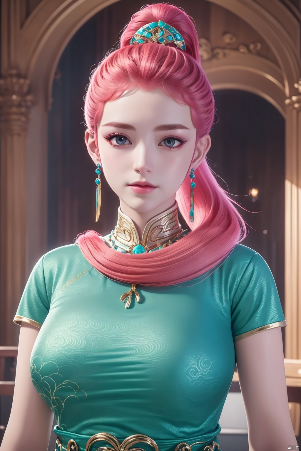 1girl, solo, long hair, breasts, looking at viewer, hair ornament, dress, jewelry, ponytail, pink hair, earrings, masterpiece,best quality,official art,extremely detailed CG unity 8k wallpaper,upper body,looking at viewer