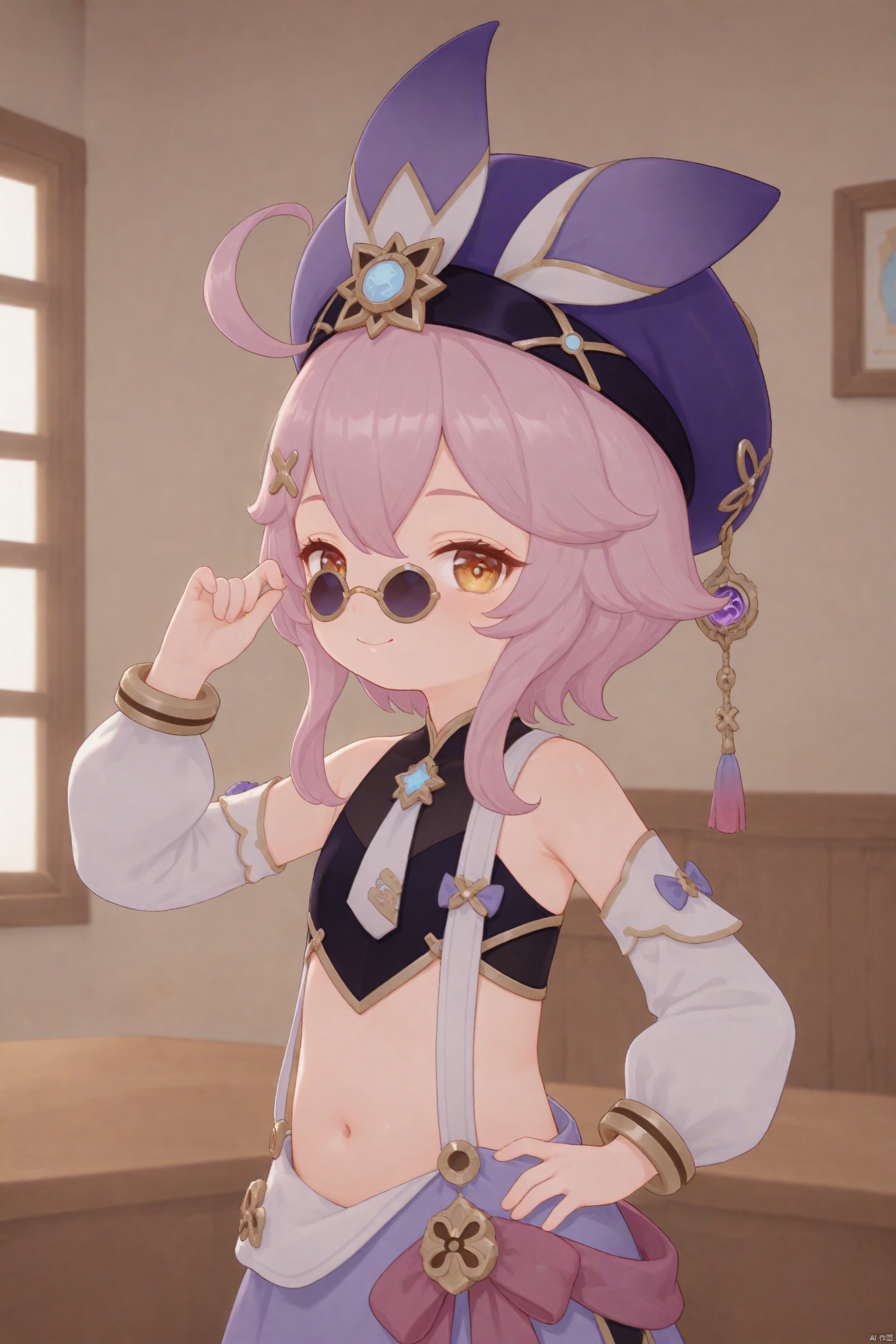 tsubasachyan,cxnice3,lolisugerjio,cxbackground,masterpiece,best quality, high quality, loli,1girl,solo,hat,detached sleeves,navel,sunglasses,smile,looking over eyewear,pince-nez,purple headwear,looking at viewer,short hair with long locks,hair ornament,newest,vision (genshin impact),dori (genshin impact),