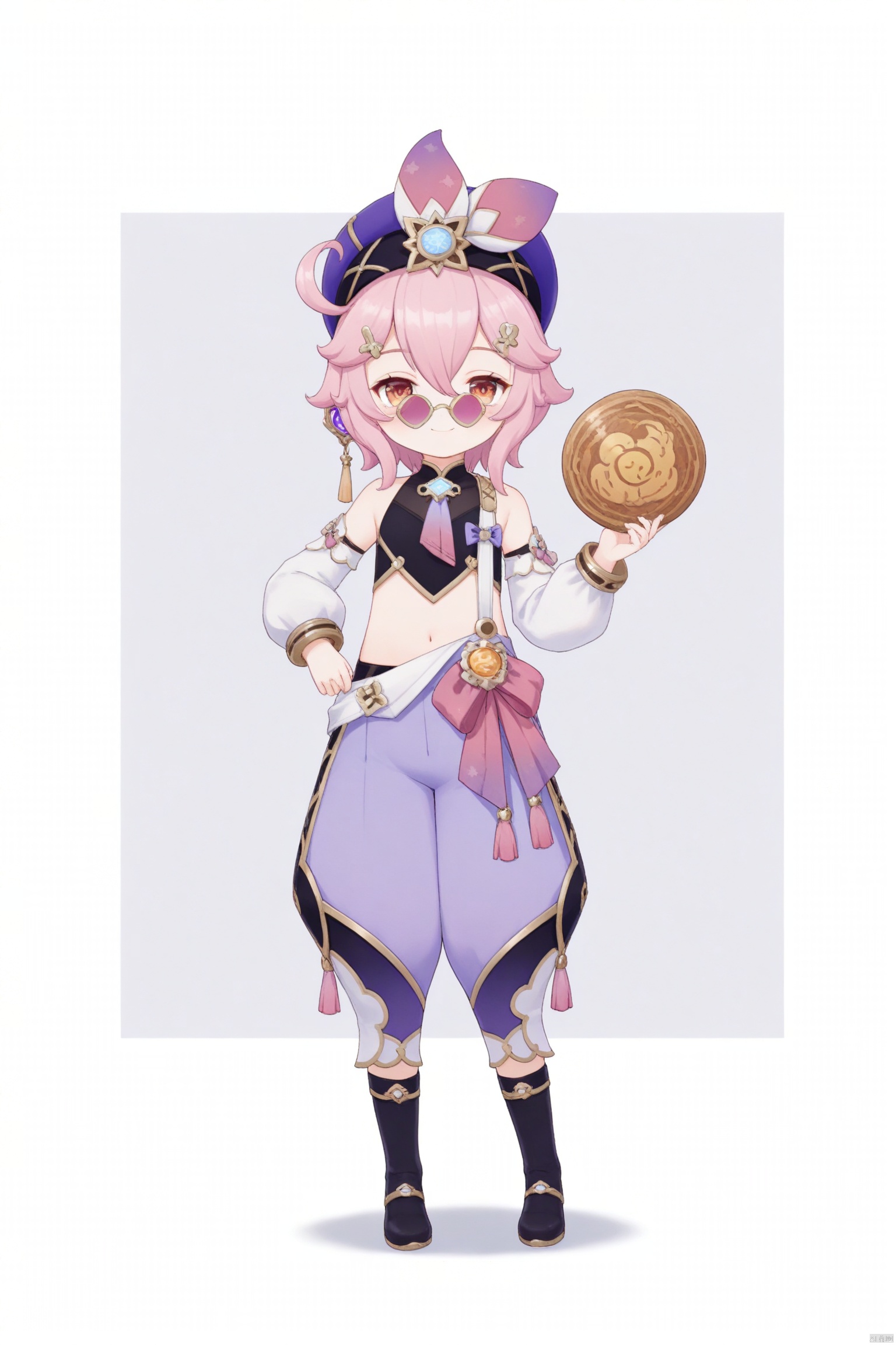 tsubasachyan,cxnice3,lolisugerjio,masterpiece,best quality, high quality, loli,1girl, solo, looking at viewer, smile, short hair, bangs, simple background, shirt, hair ornament, long sleeves, hat, white background, navel, holding, hair between eyes, bare shoulders, closed mouth, standing, full body, pink hair, sidelocks, boots, detached sleeves, glasses, sleeveless, midriff, puffy sleeves, pants, virtual youtuber, black footwear, crop top, black shirt, sleeveless shirt, sunglasses, tassel, two-tone background, puffy long sleeves, white sleeves, round eyewear, purple headwear, tinted eyewear, baggy pants, pince-nez, purple pants, looking over eyewear, puffy pants,newest,vision (genshin impact),dori (genshin impact),